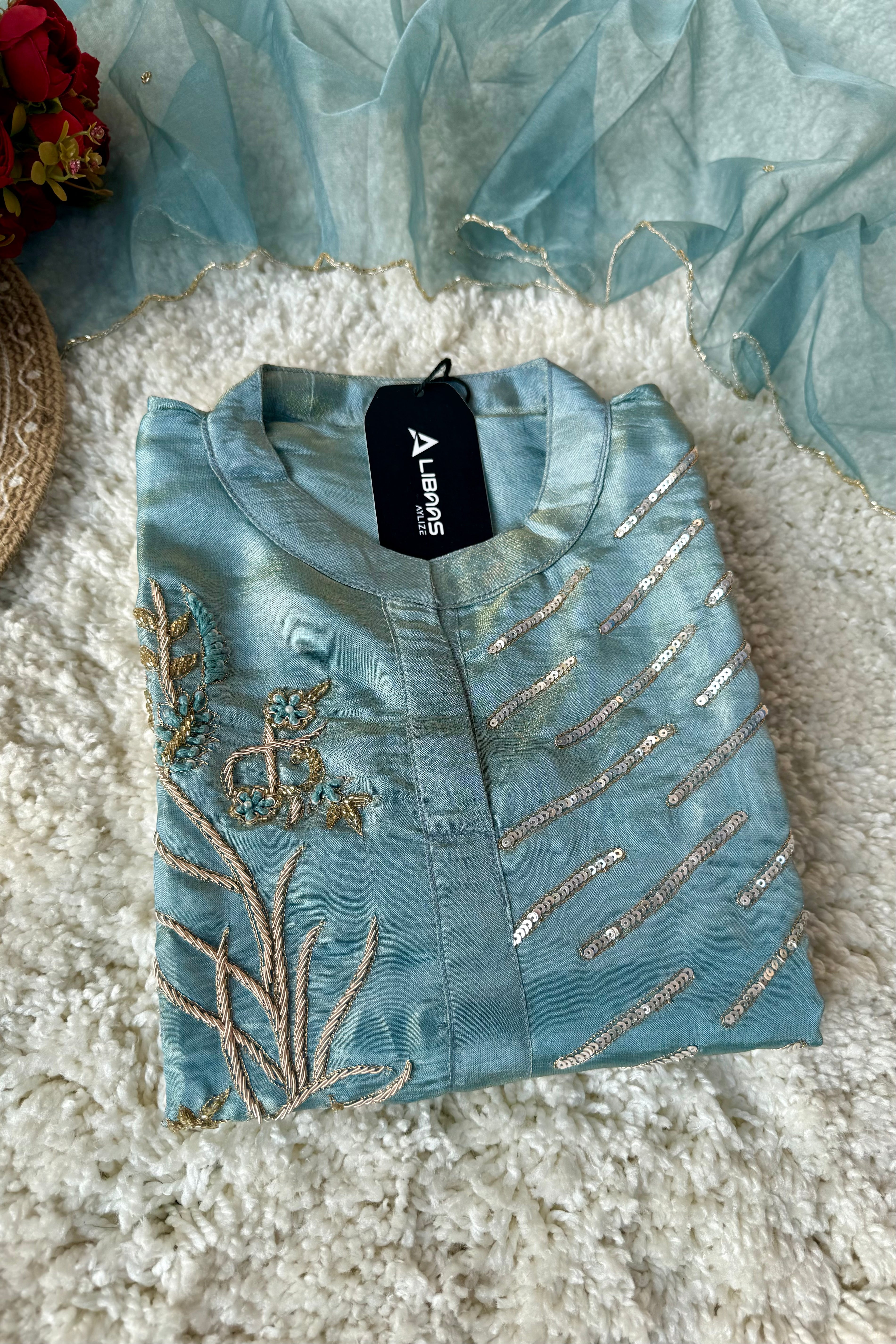 “Zena” Premium Teal Blue Tissue Silk Kurta Set with Elegant Handwork