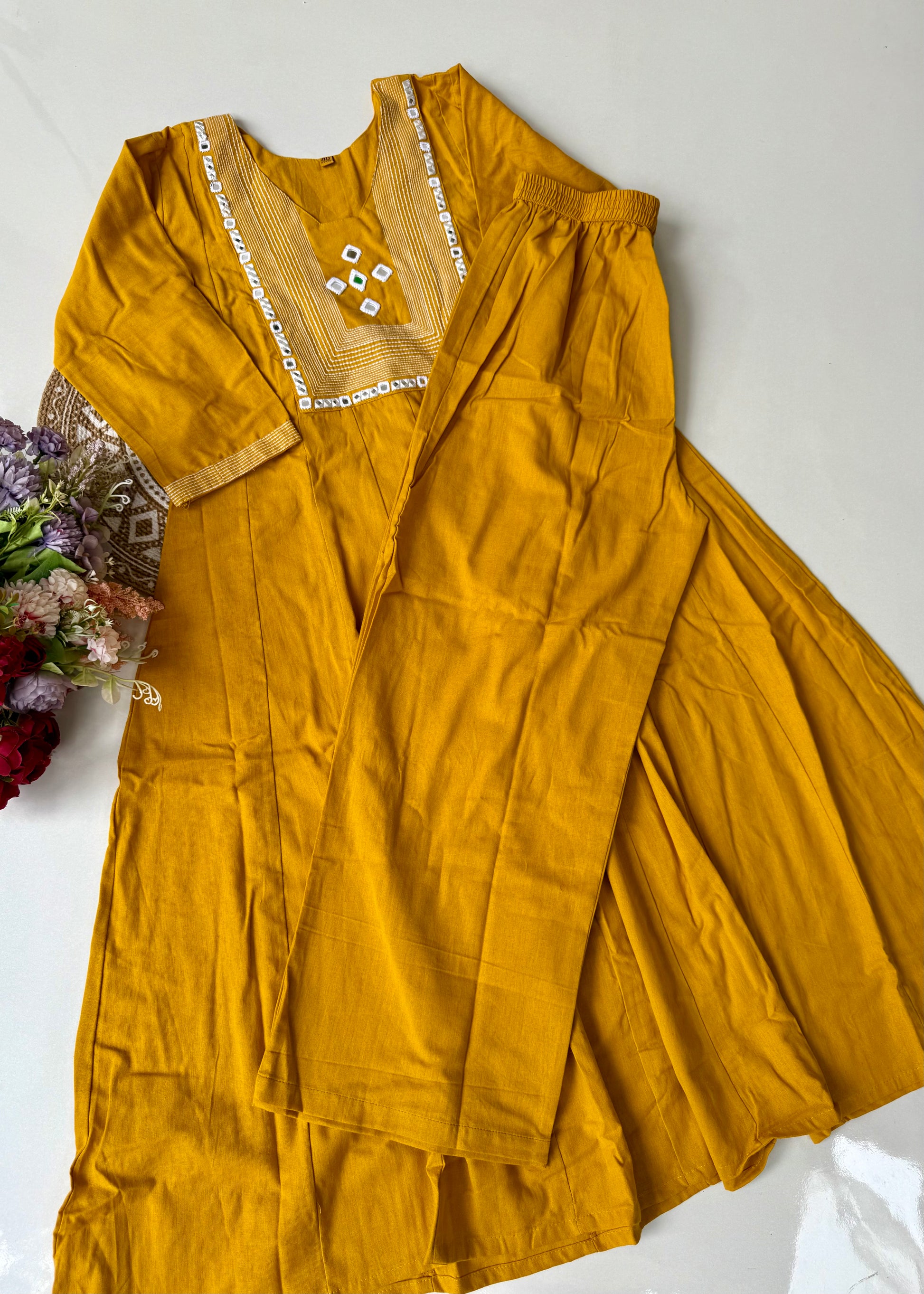 “IRYA" Premium Mirror work cotton Anarkali kurta set