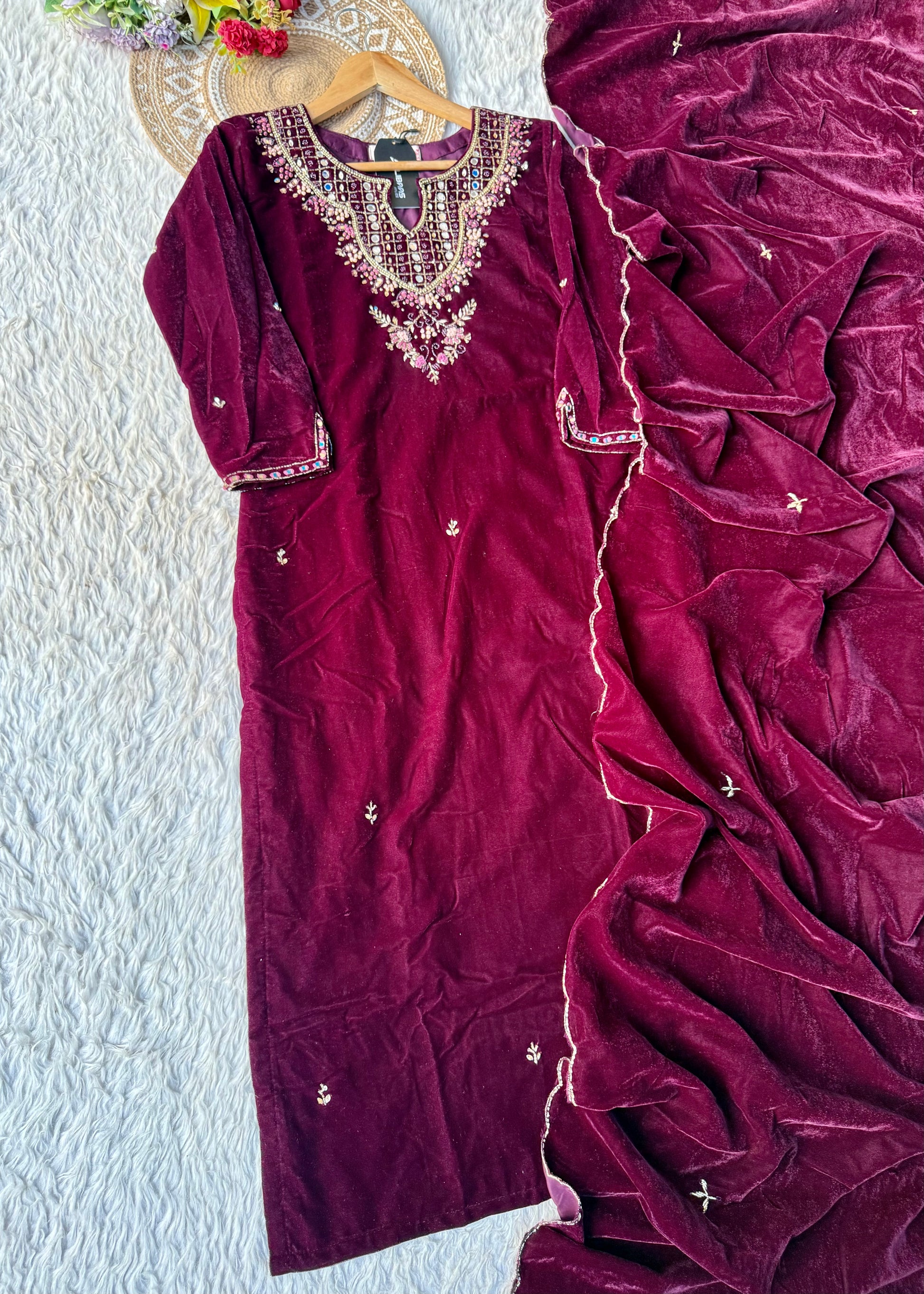 “Jivika” Maroon heavy velvet handwork suit set