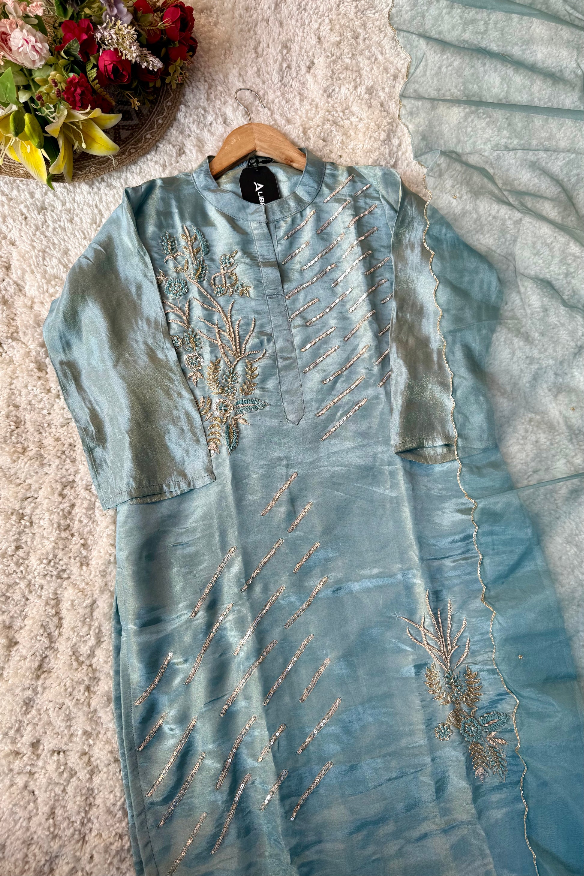 “Zena” Premium Teal Blue Tissue Silk Kurta Set with Elegant Handwork