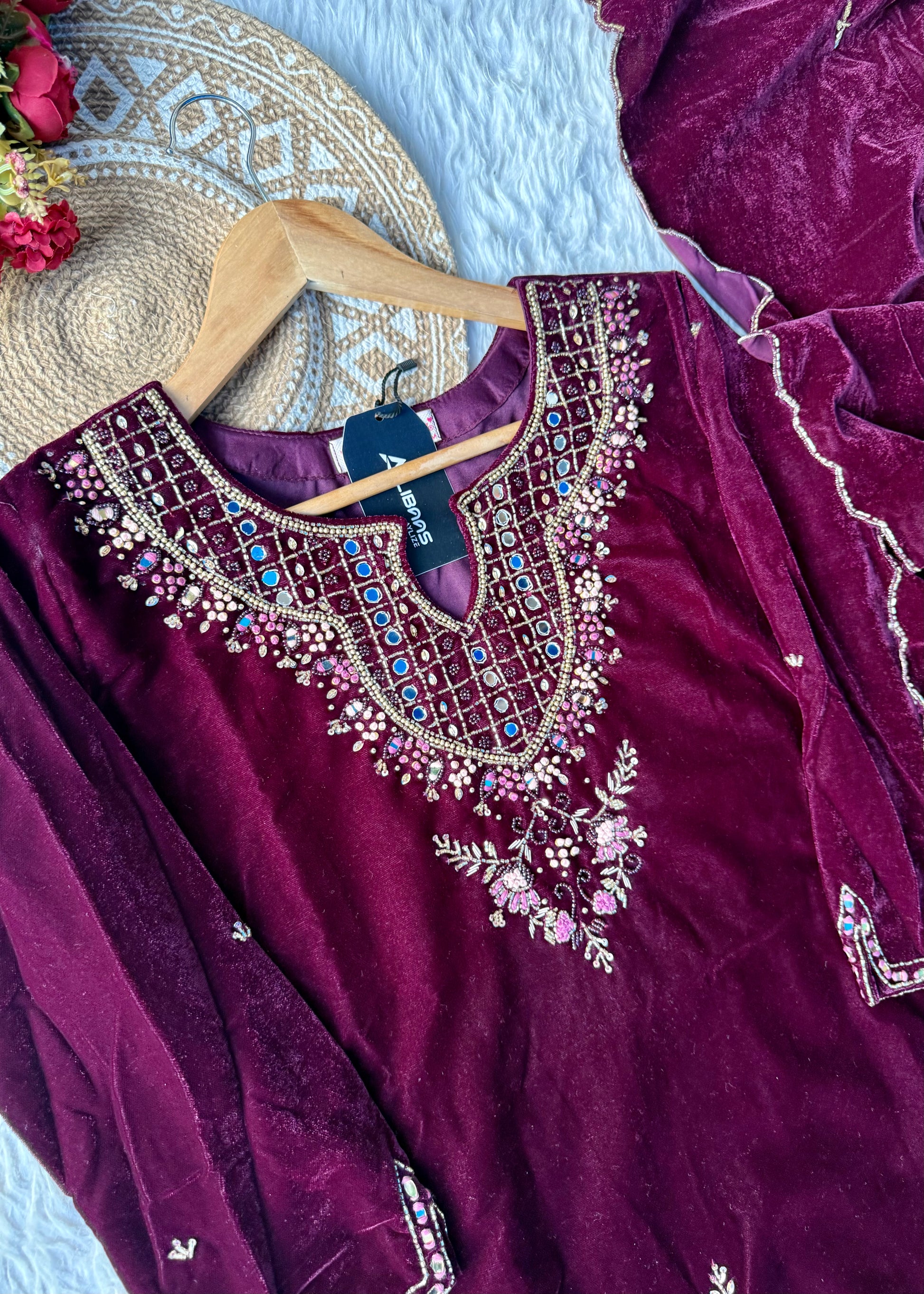 “Jivika” Maroon heavy velvet handwork suit set
