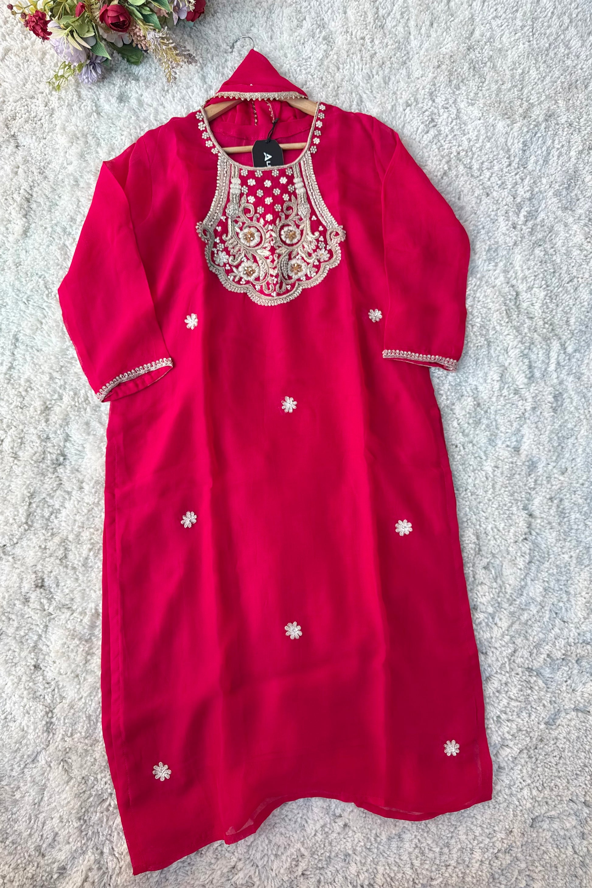 “Farah” party wear pink chinnon suit