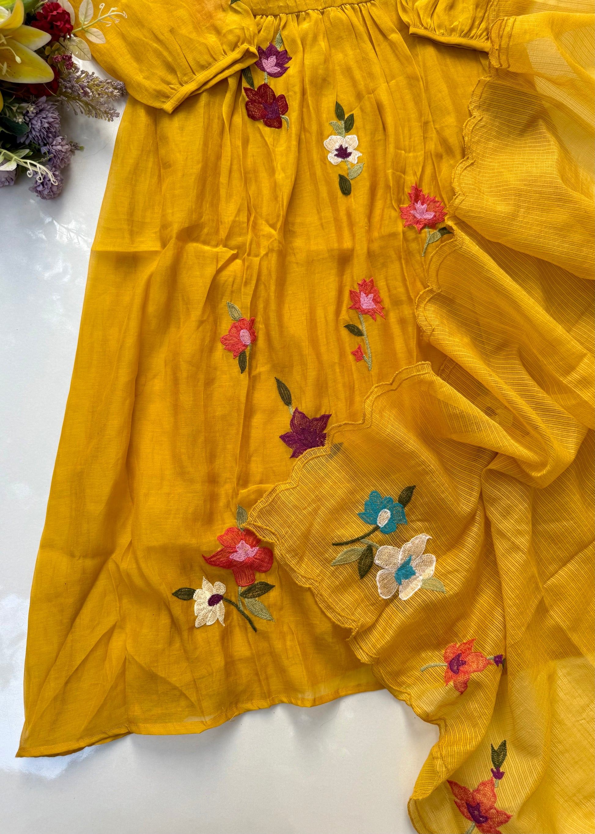 “IFRA” Premium Yellow Mul Chanderi party wear anarkali kurta set