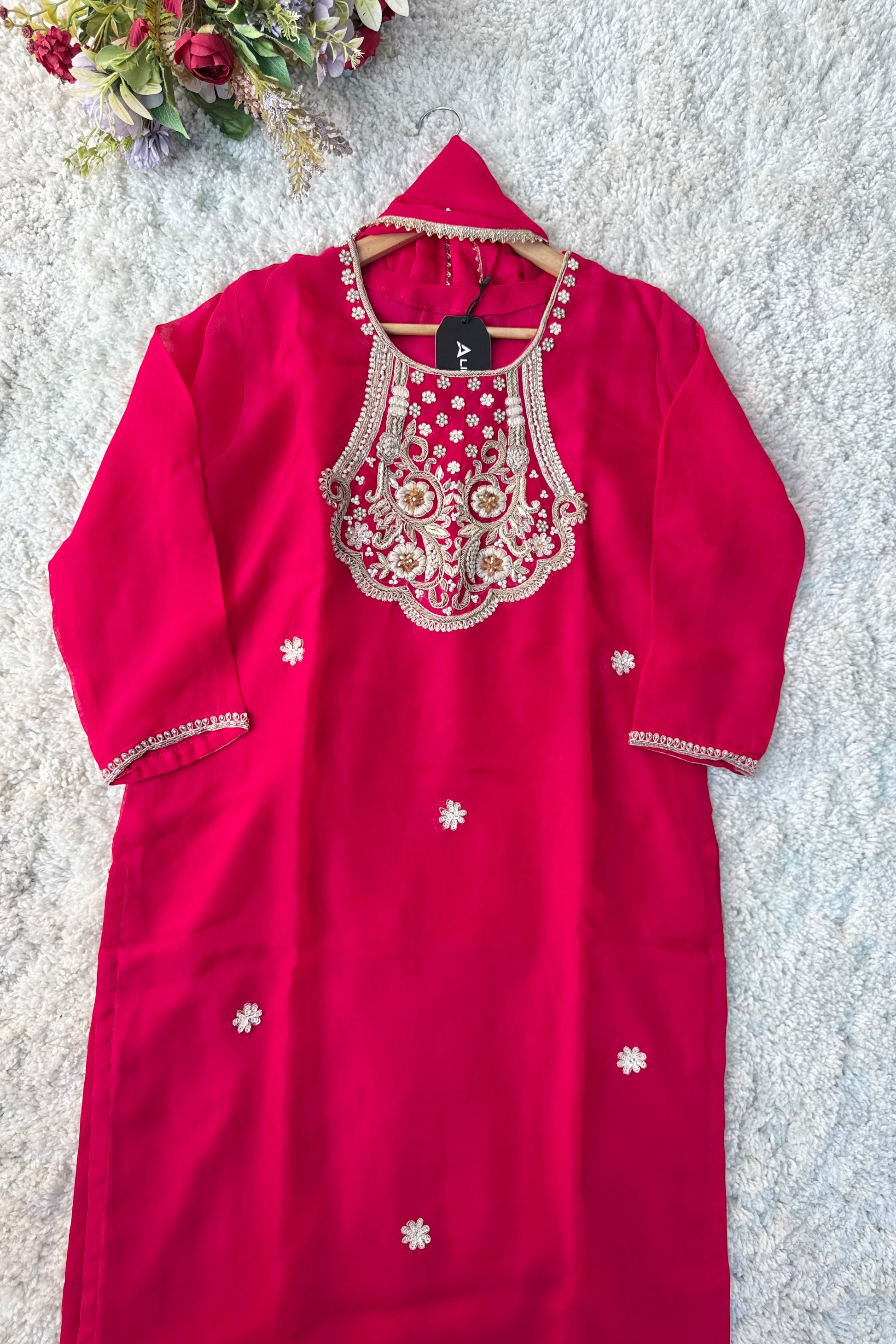 “Farah” party wear pink chinnon suit