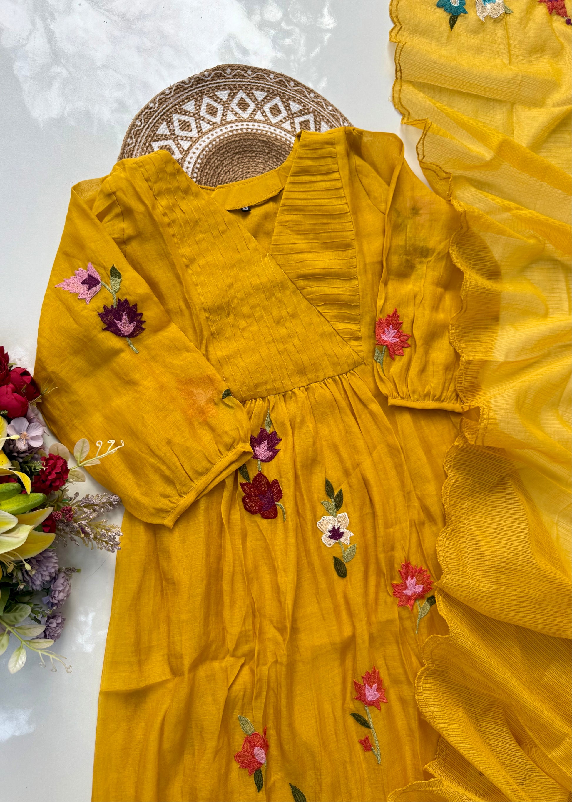 “IFRA” Premium Yellow Mul Chanderi party wear anarkali kurta set