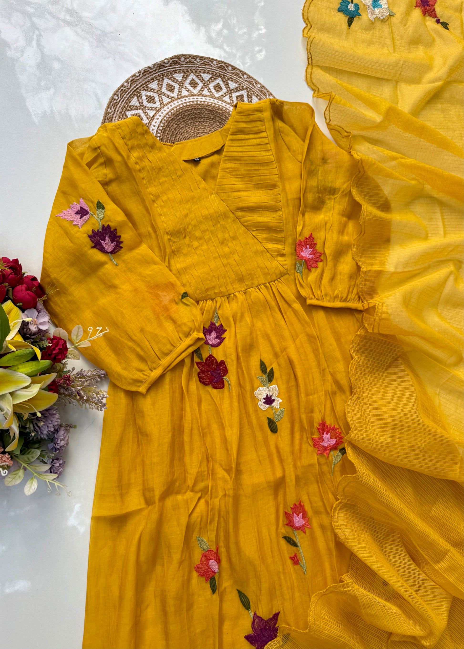 “IFRA” Premium Yellow Mul Chanderi party wear anarkali kurta set