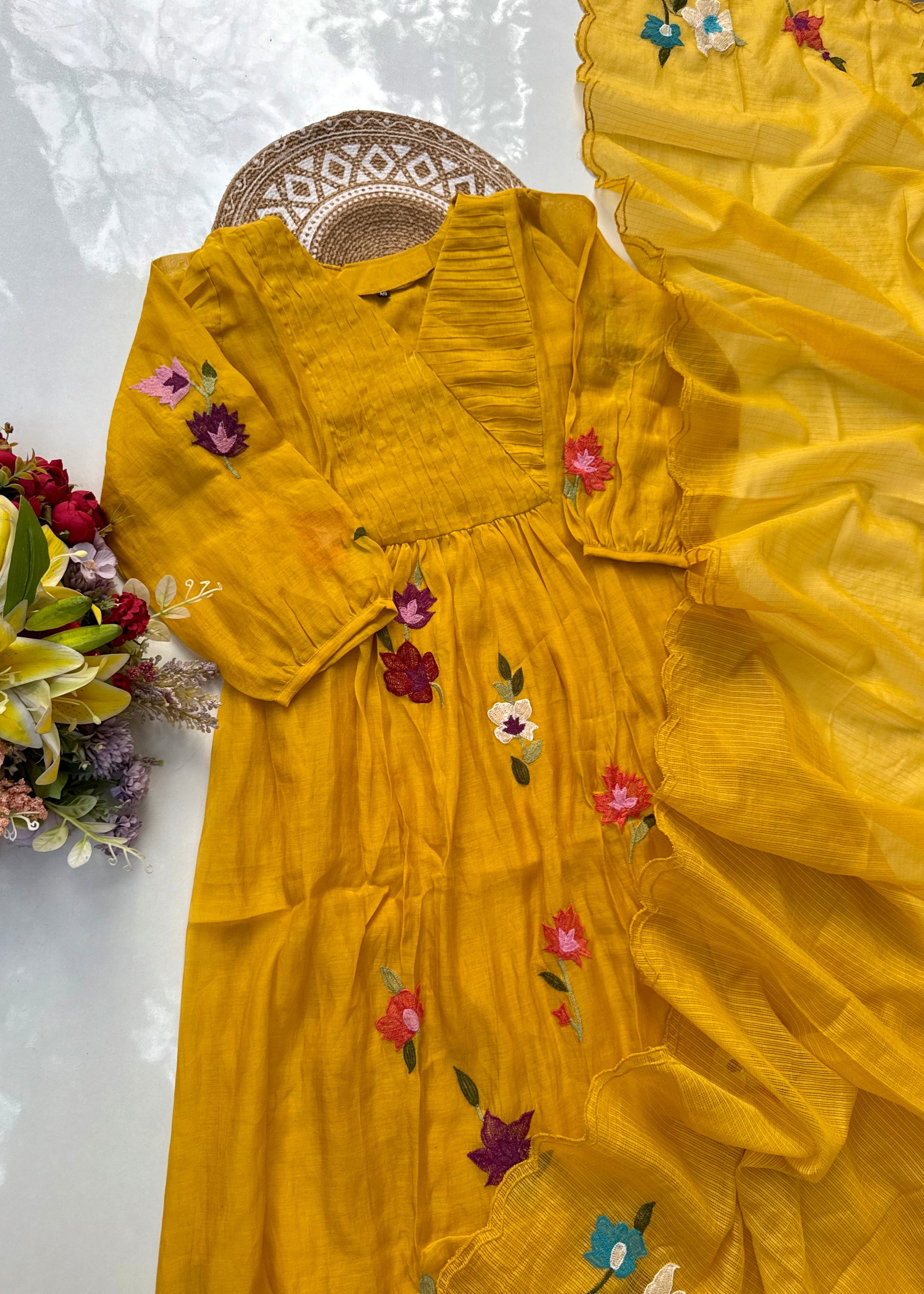 “IFRA” Premium Yellow Mul Chanderi party wear anarkali kurta set