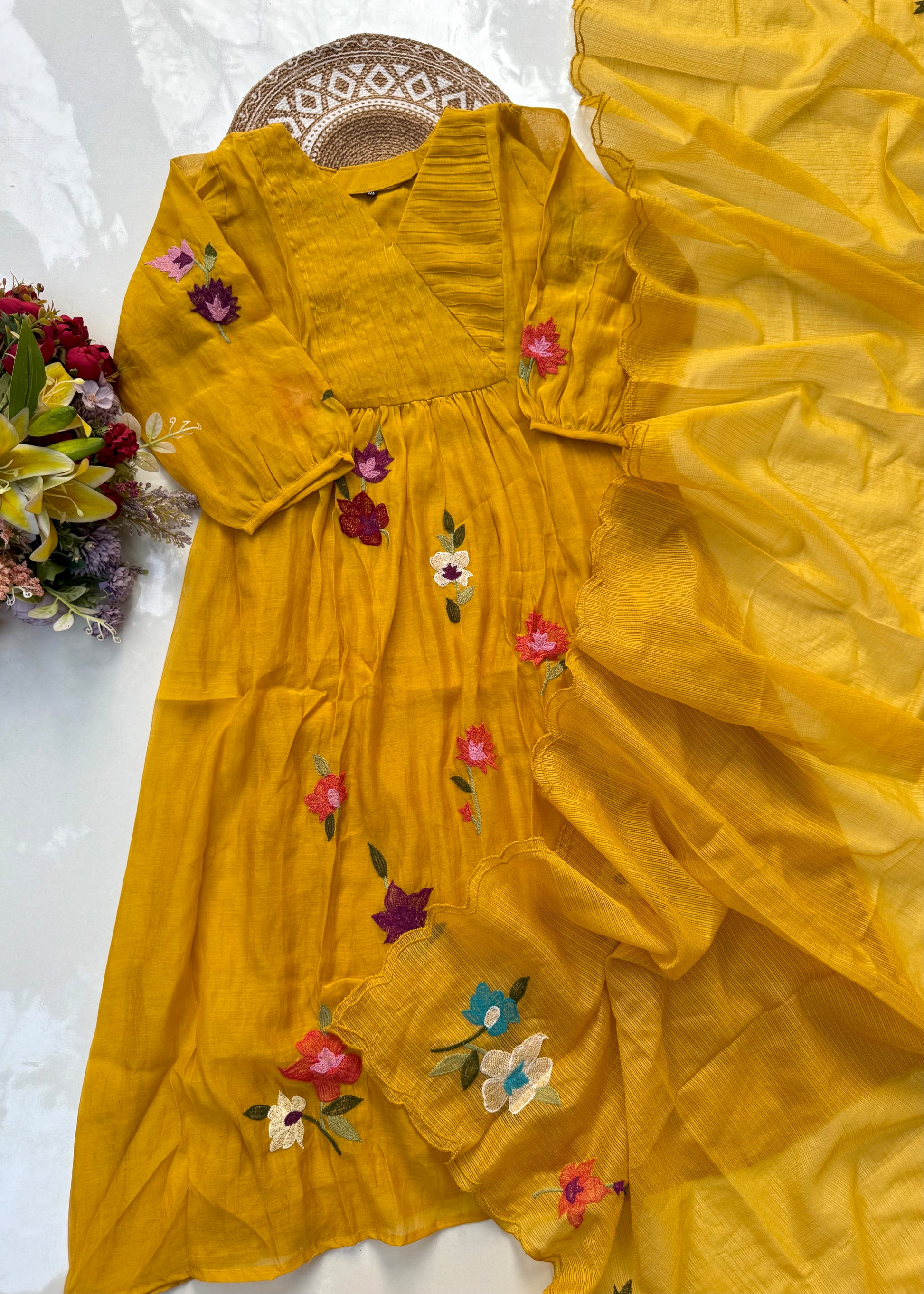 “IFRA” Premium Yellow Mul Chanderi party wear anarkali kurta set