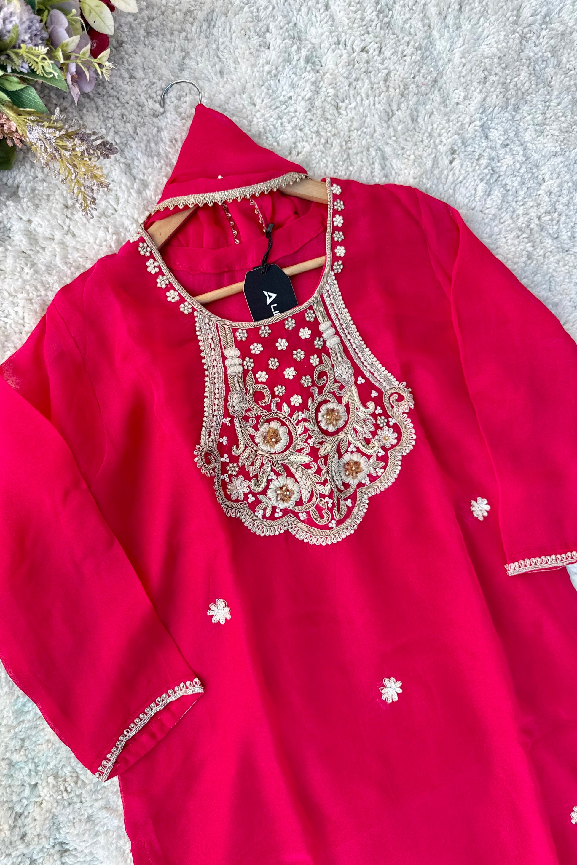 “Farah” party wear pink chinnon suit