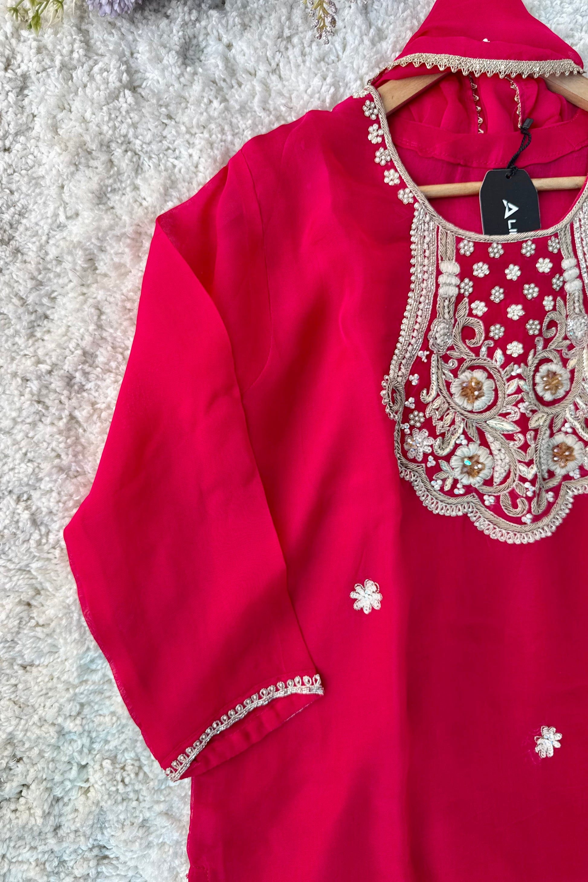 “Farah” party wear pink chinnon suit