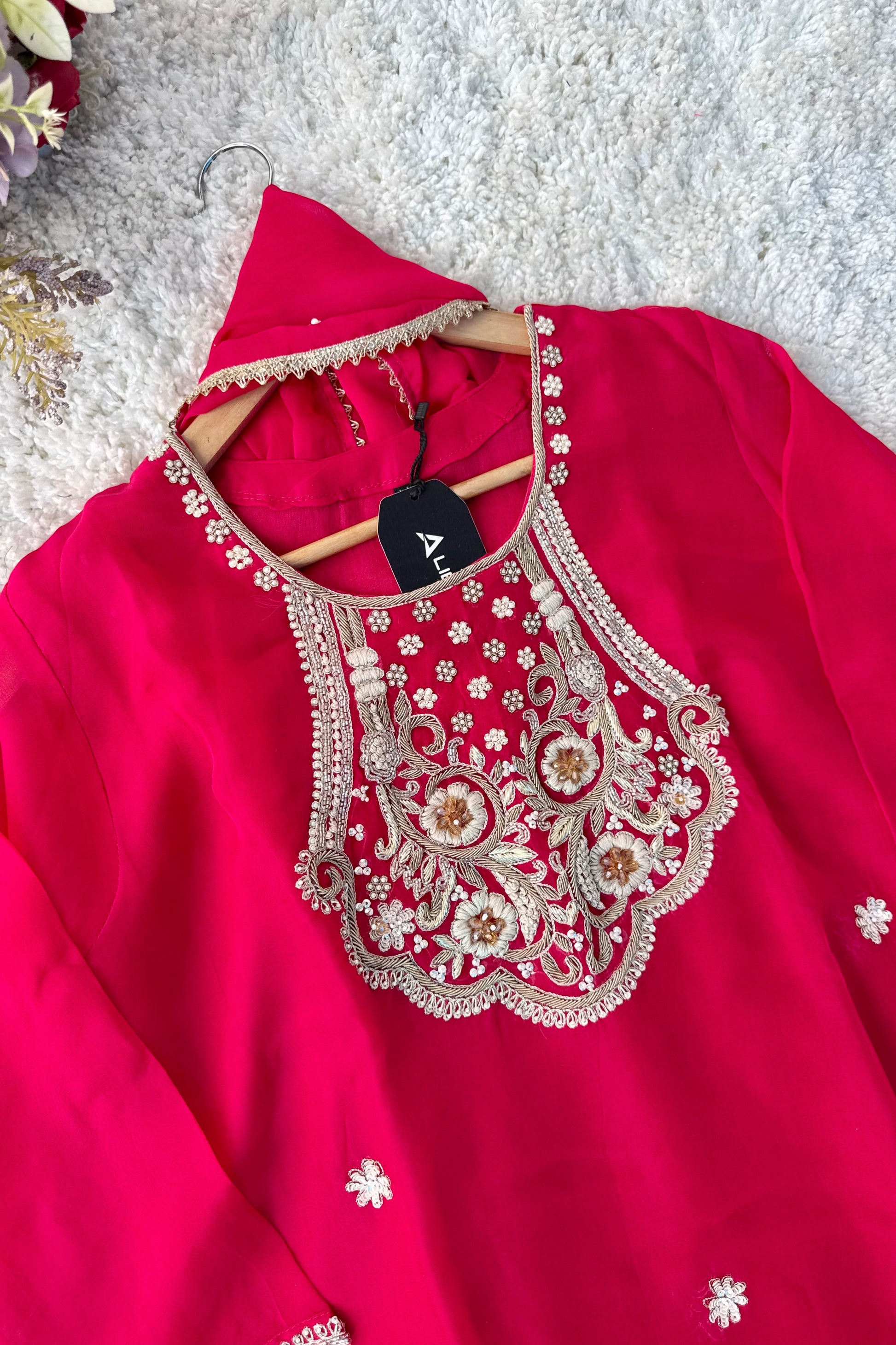 “Farah” party wear pink chinnon suit