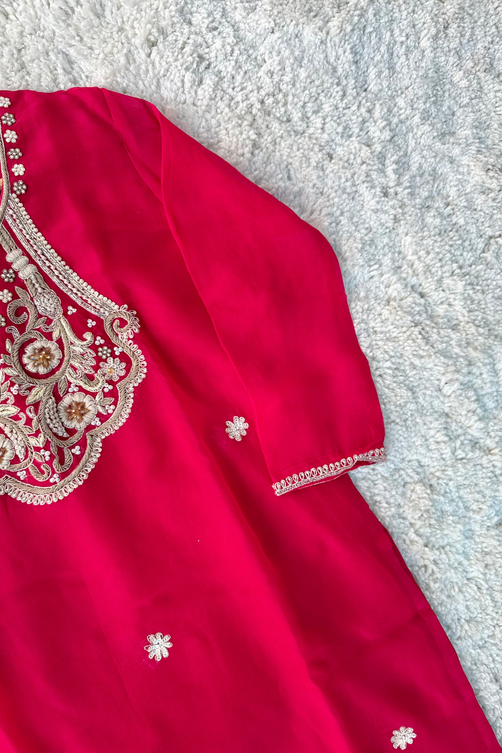 “Farah” party wear pink chinnon suit