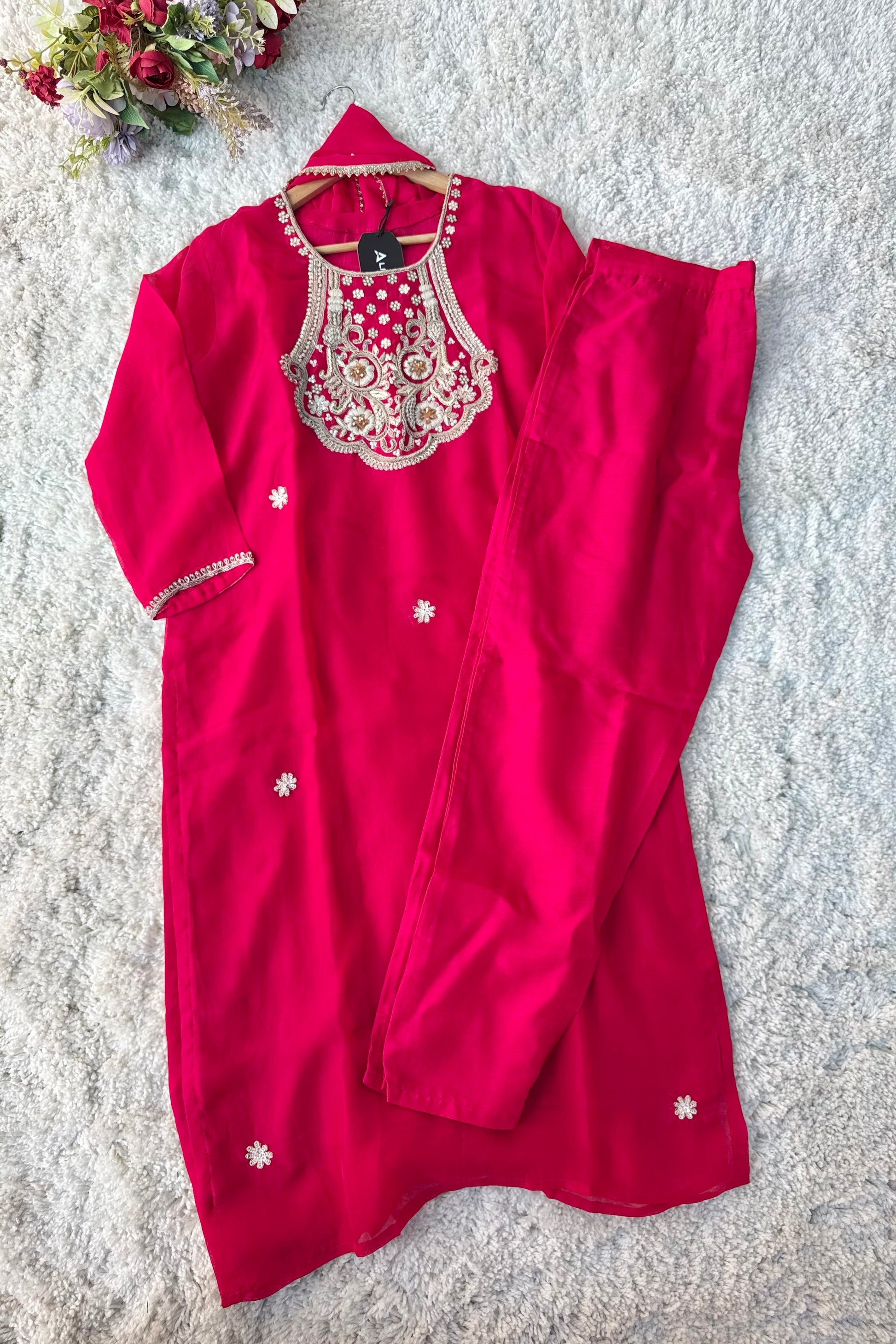 “Farah” party wear pink chinnon suit