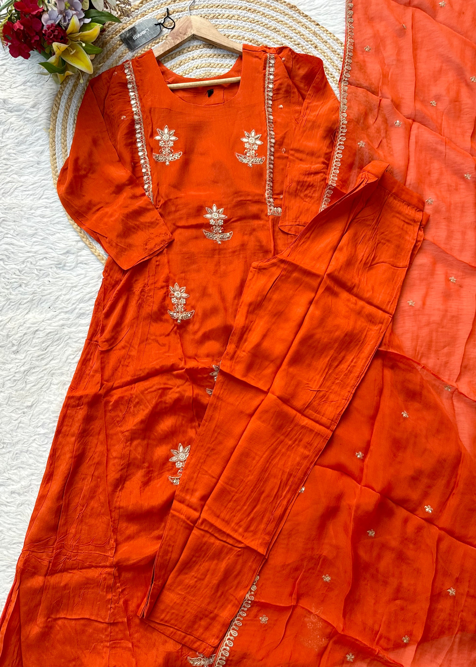 “BARKHA” Premium Chinnon heavy handwork A line Anarkali set