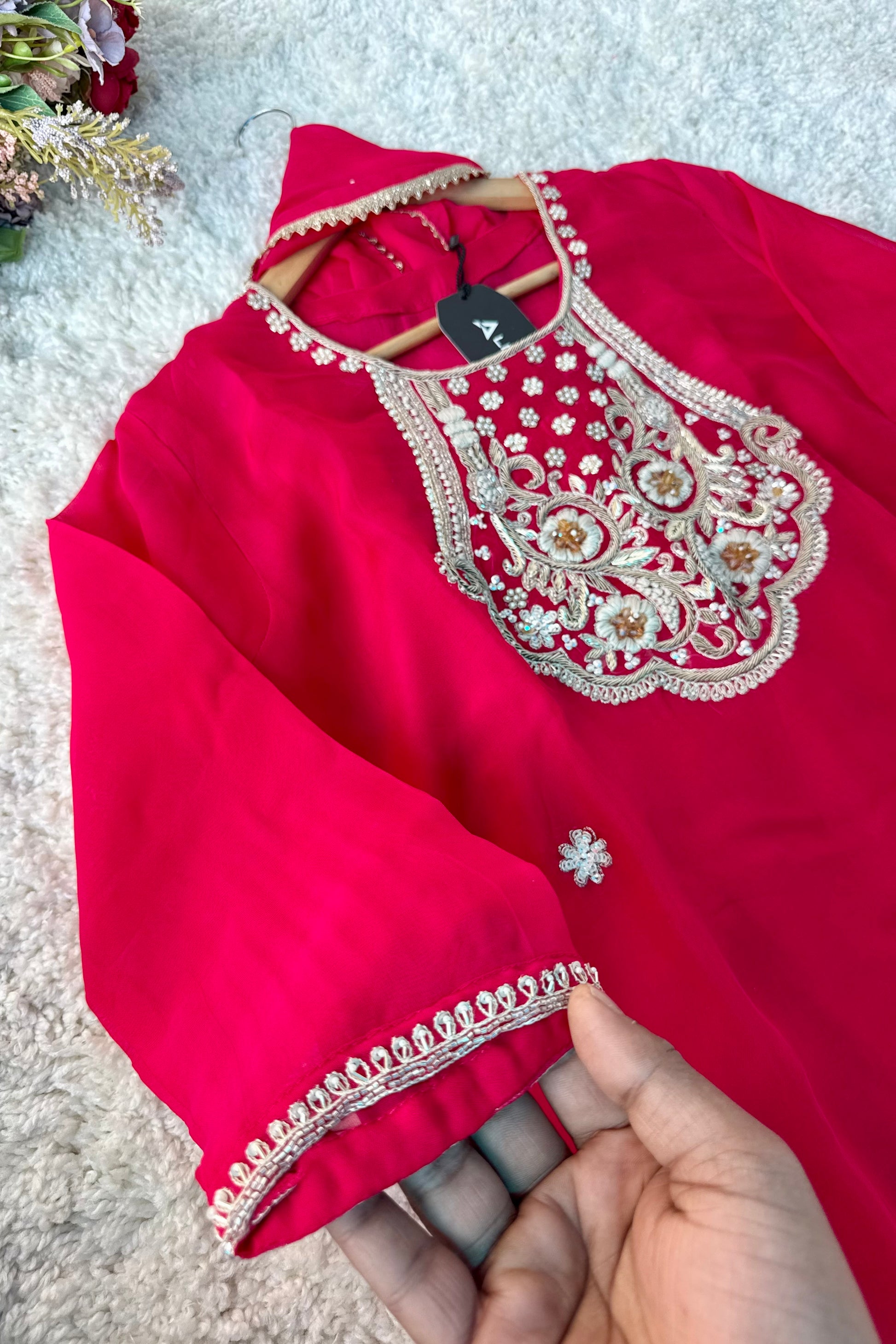 “Farah” party wear pink chinnon suit