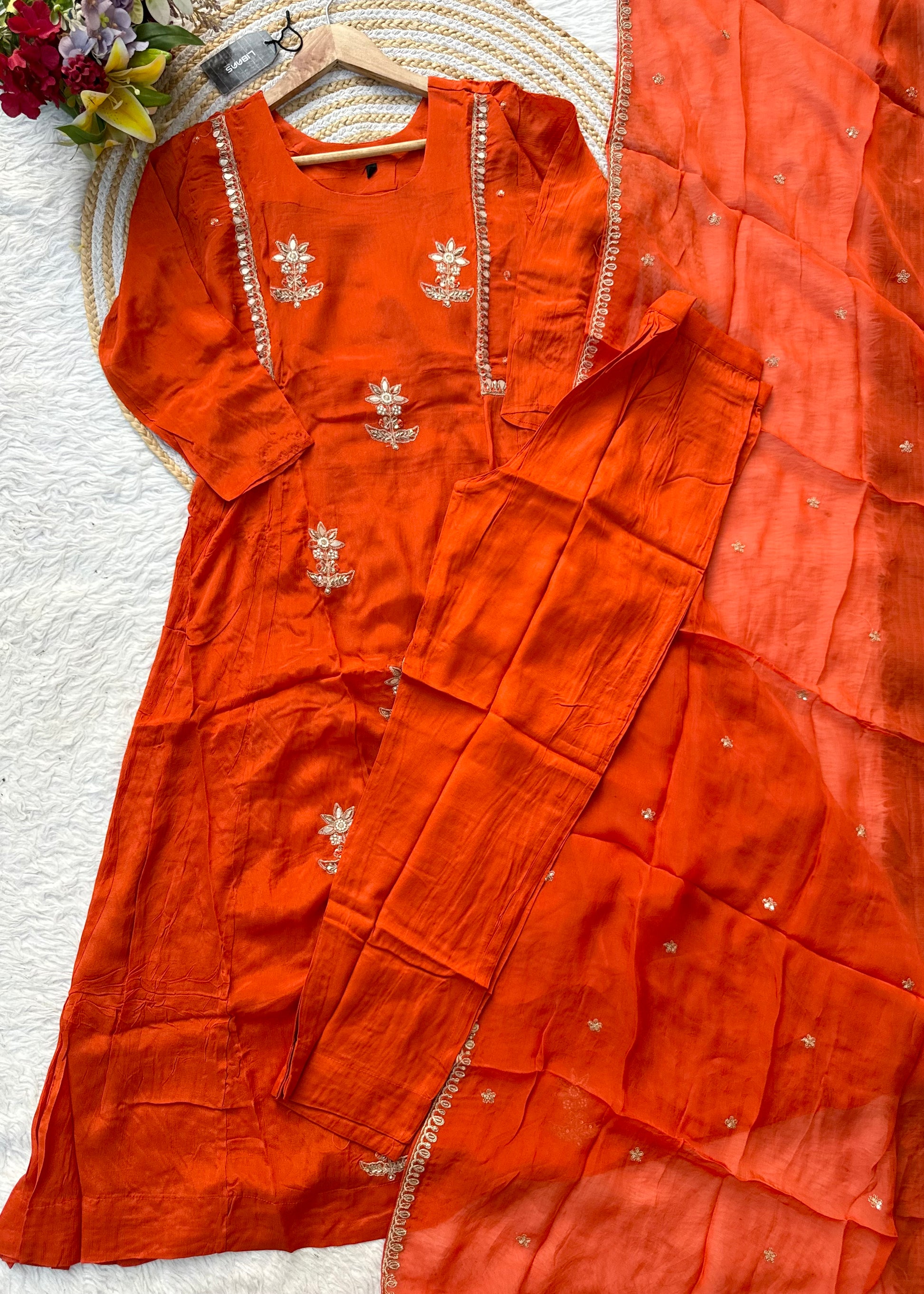 “BARKHA” Premium Chinnon heavy handwork A line Anarkali set