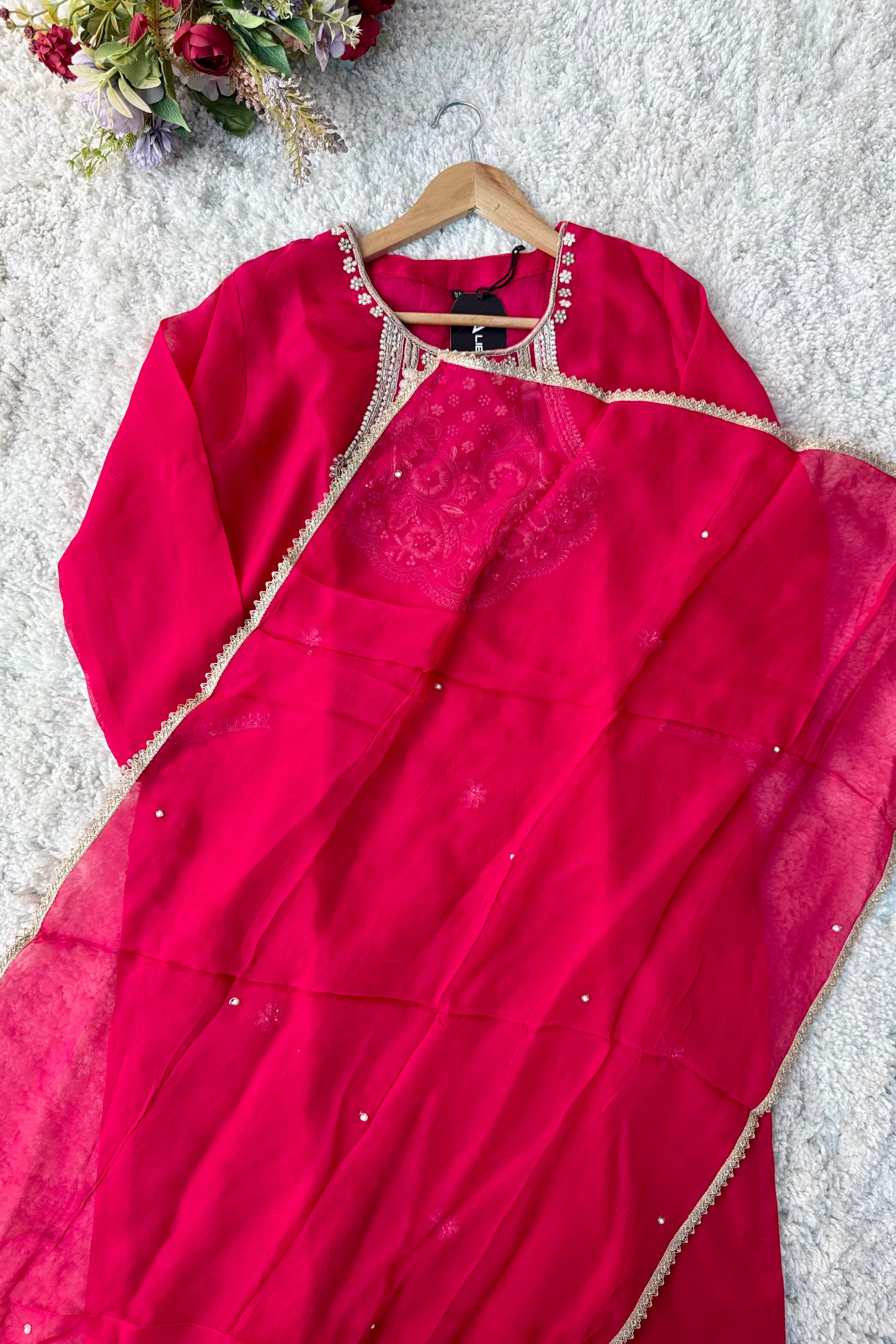 “Farah” party wear pink chinnon suit