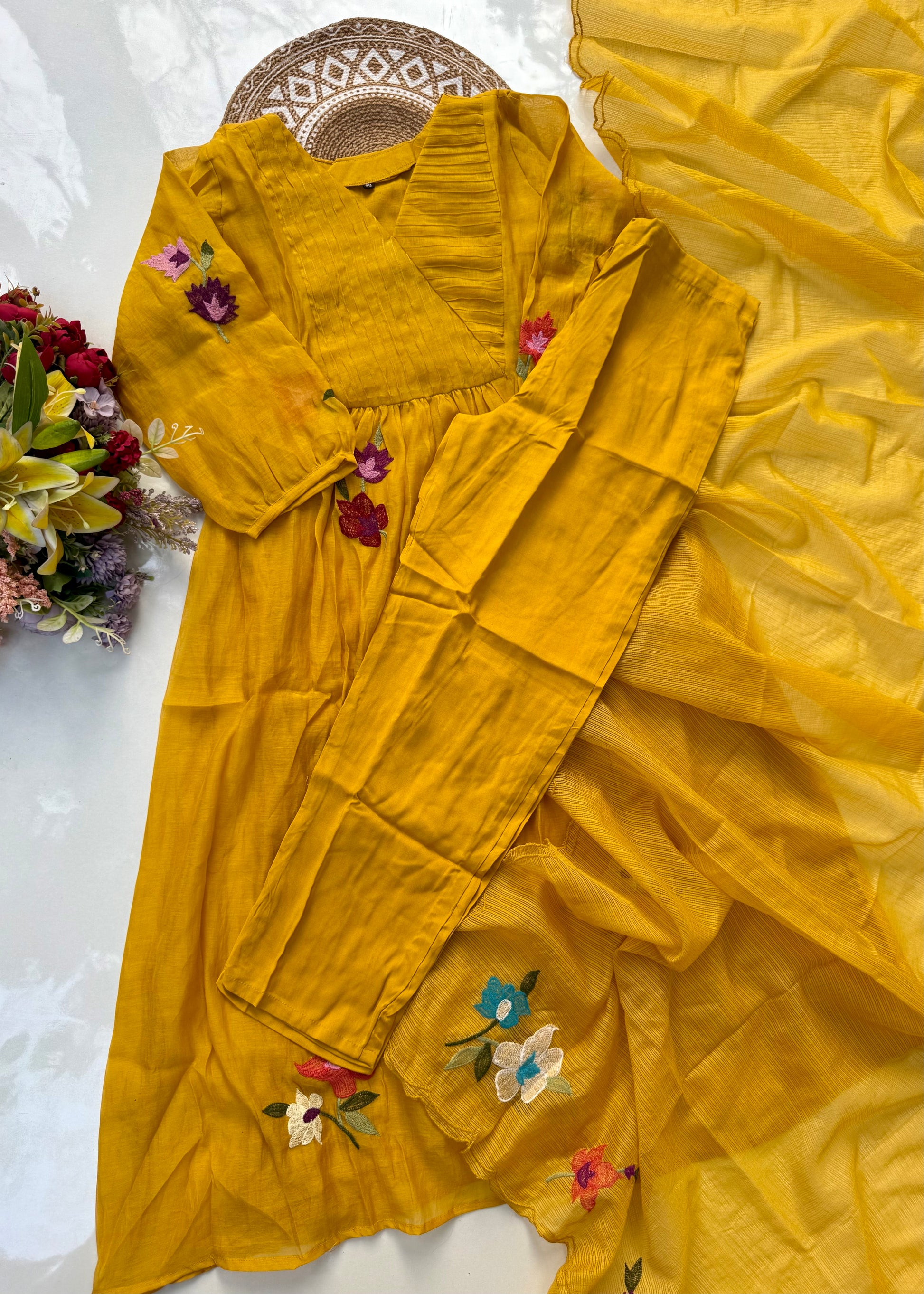 “IFRA” Premium Yellow Mul Chanderi party wear anarkali kurta set