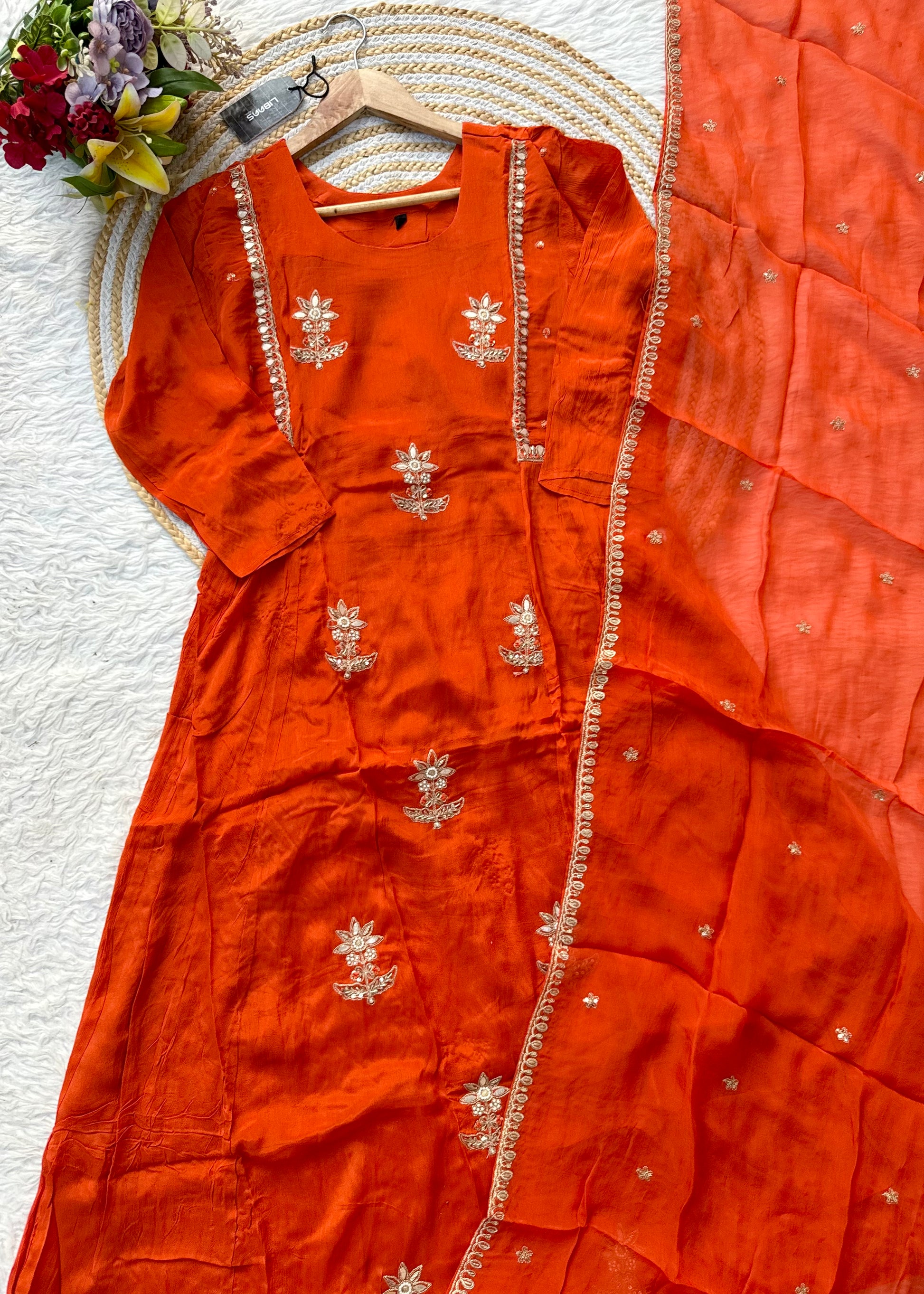 “BARKHA” Premium Chinnon heavy handwork A line Anarkali set
