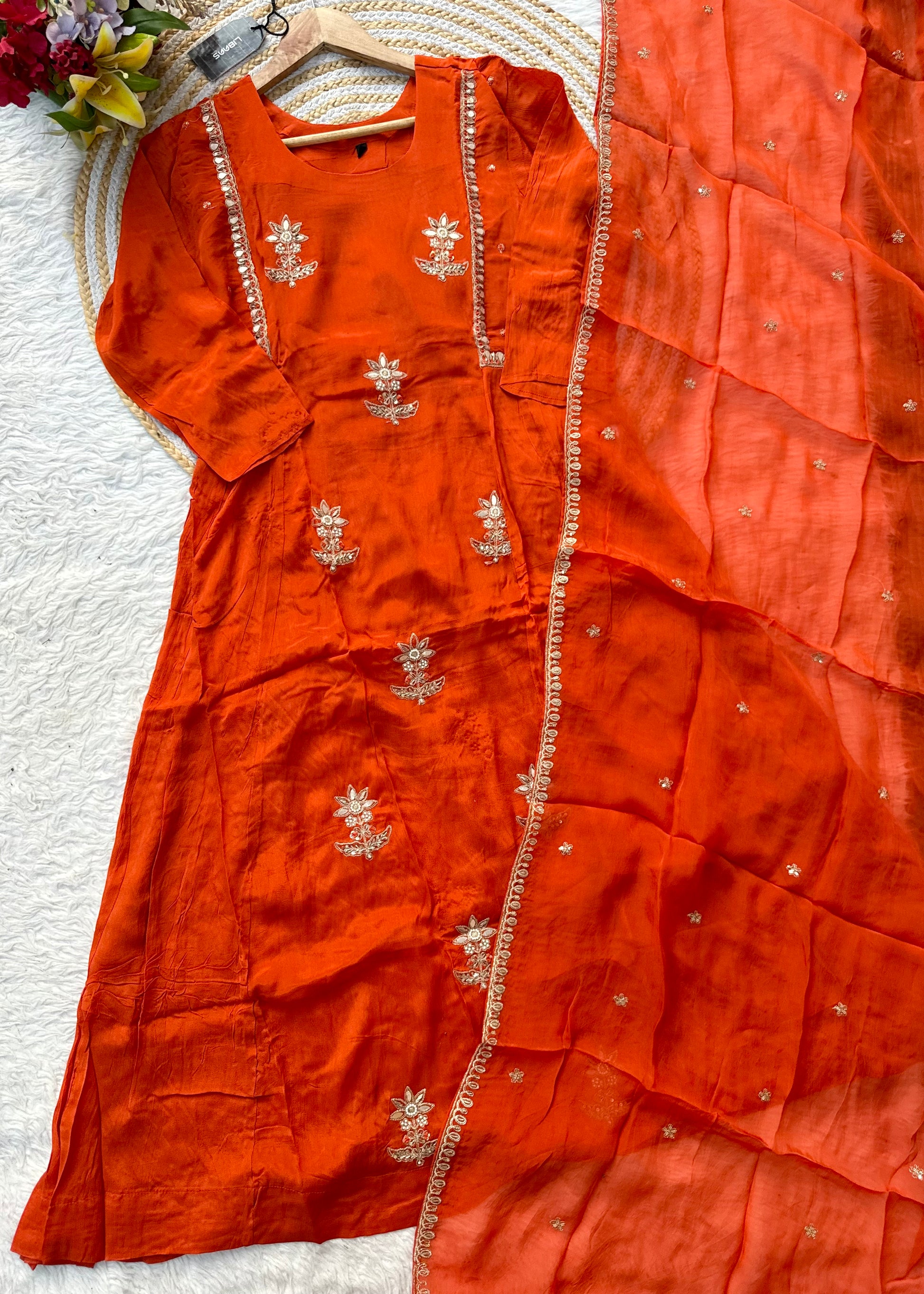 “BARKHA” Premium Chinnon heavy handwork A line Anarkali set