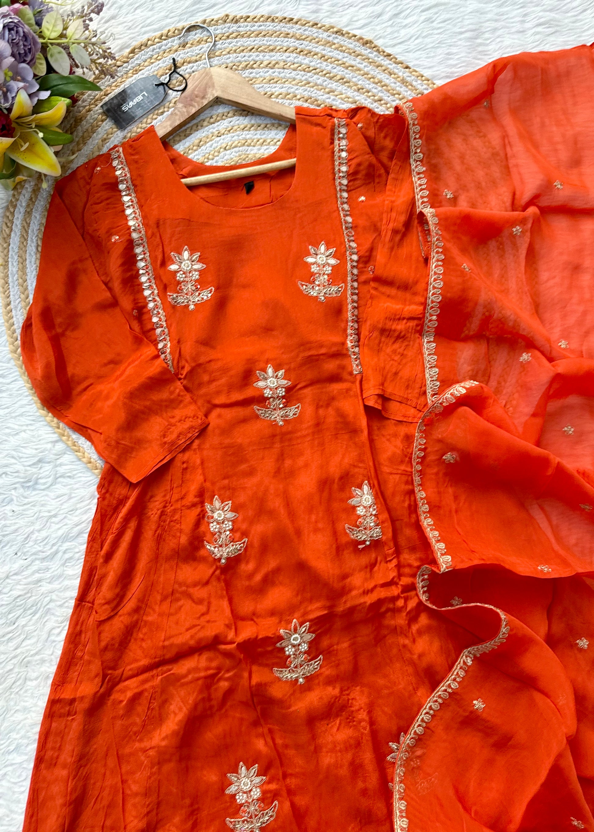 “BARKHA” Premium Chinnon heavy handwork A line Anarkali set