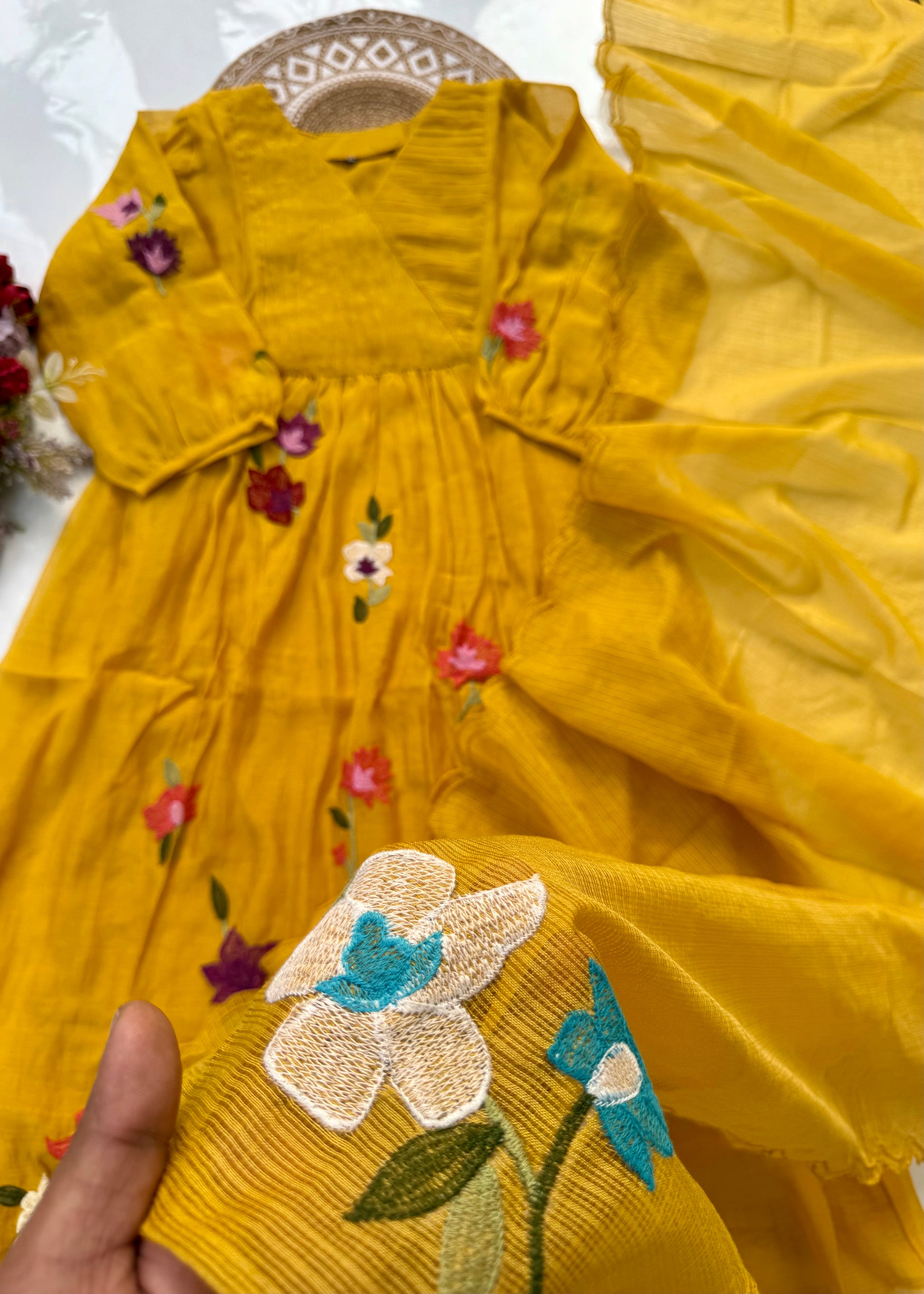 “IFRA” Premium Yellow Mul Chanderi party wear anarkali kurta set