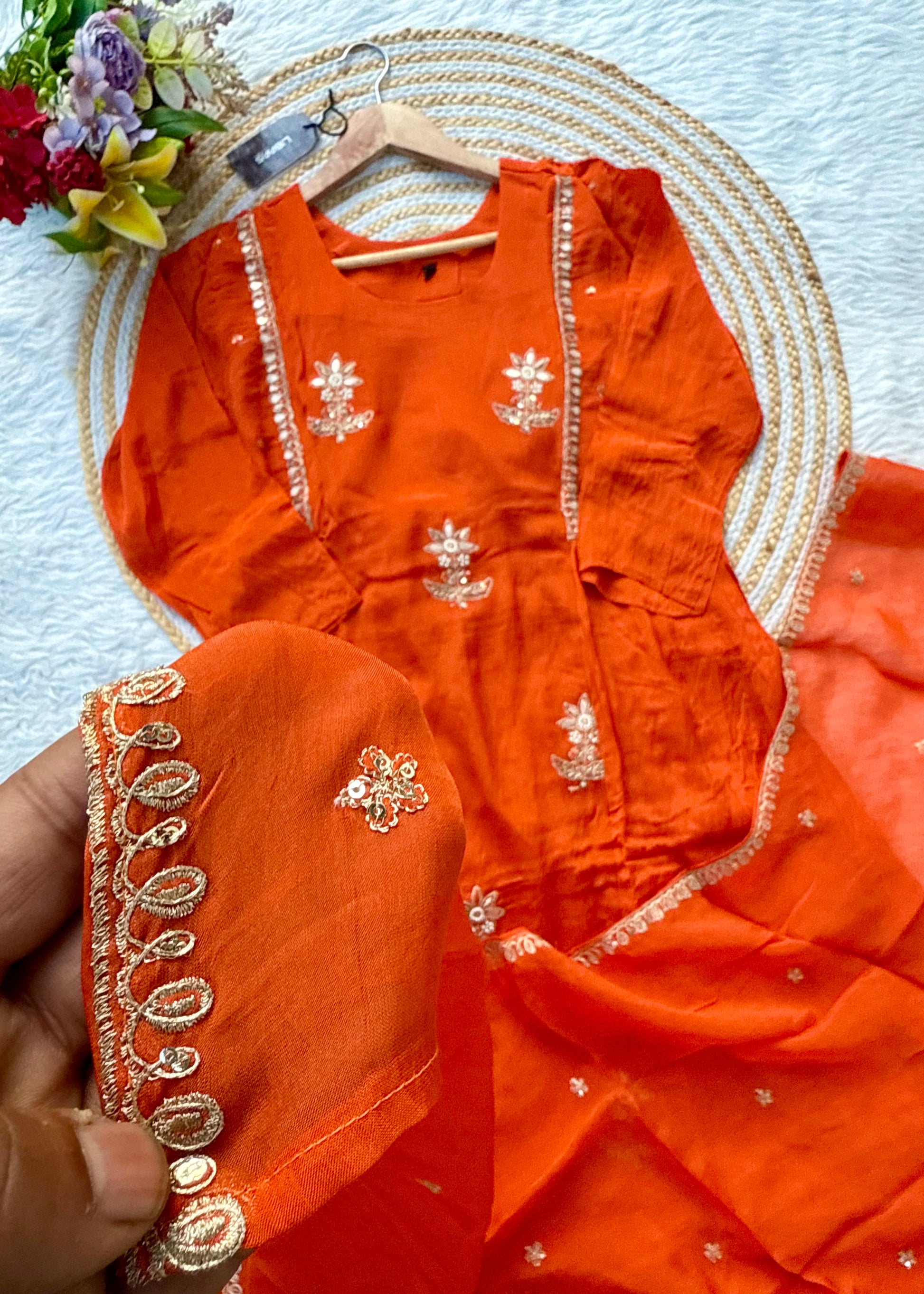“BARKHA” Premium Chinnon heavy handwork A line Anarkali set