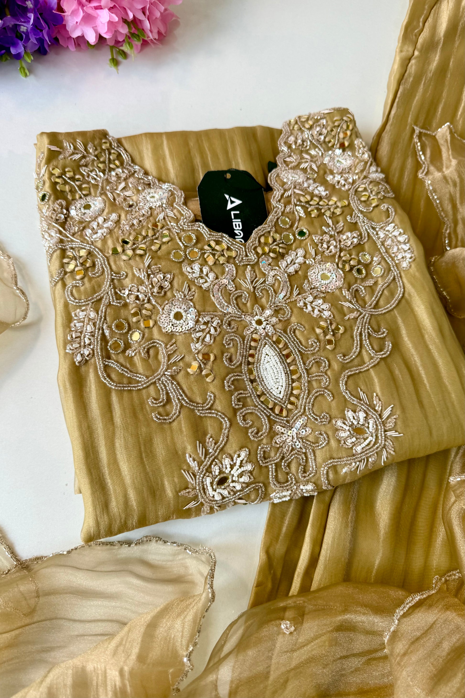 ✨Abeer Gold – Designer Gold Glass Tissue Kurta Set