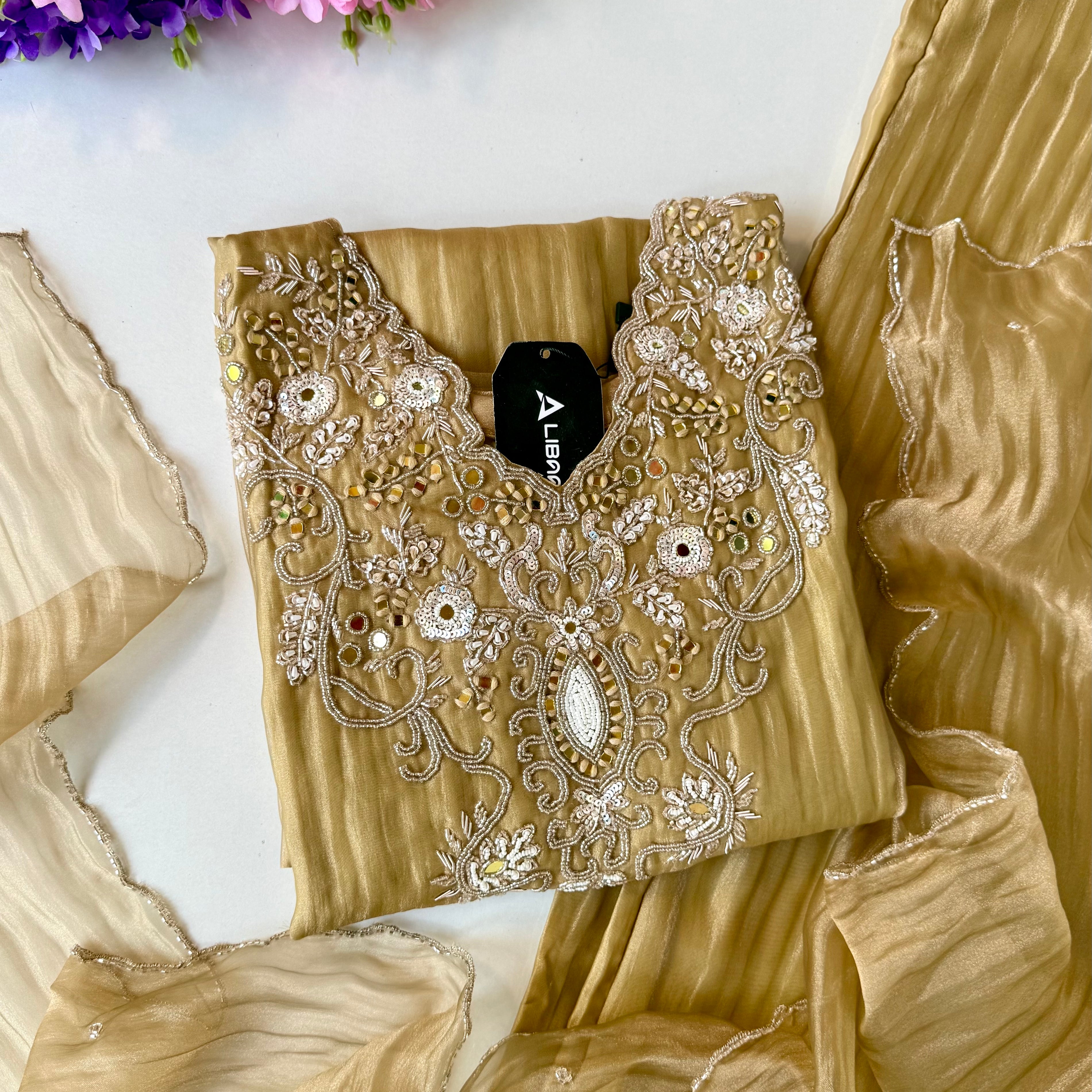 ✨Abeer Gold – Designer Gold Glass Tissue Kurta Set