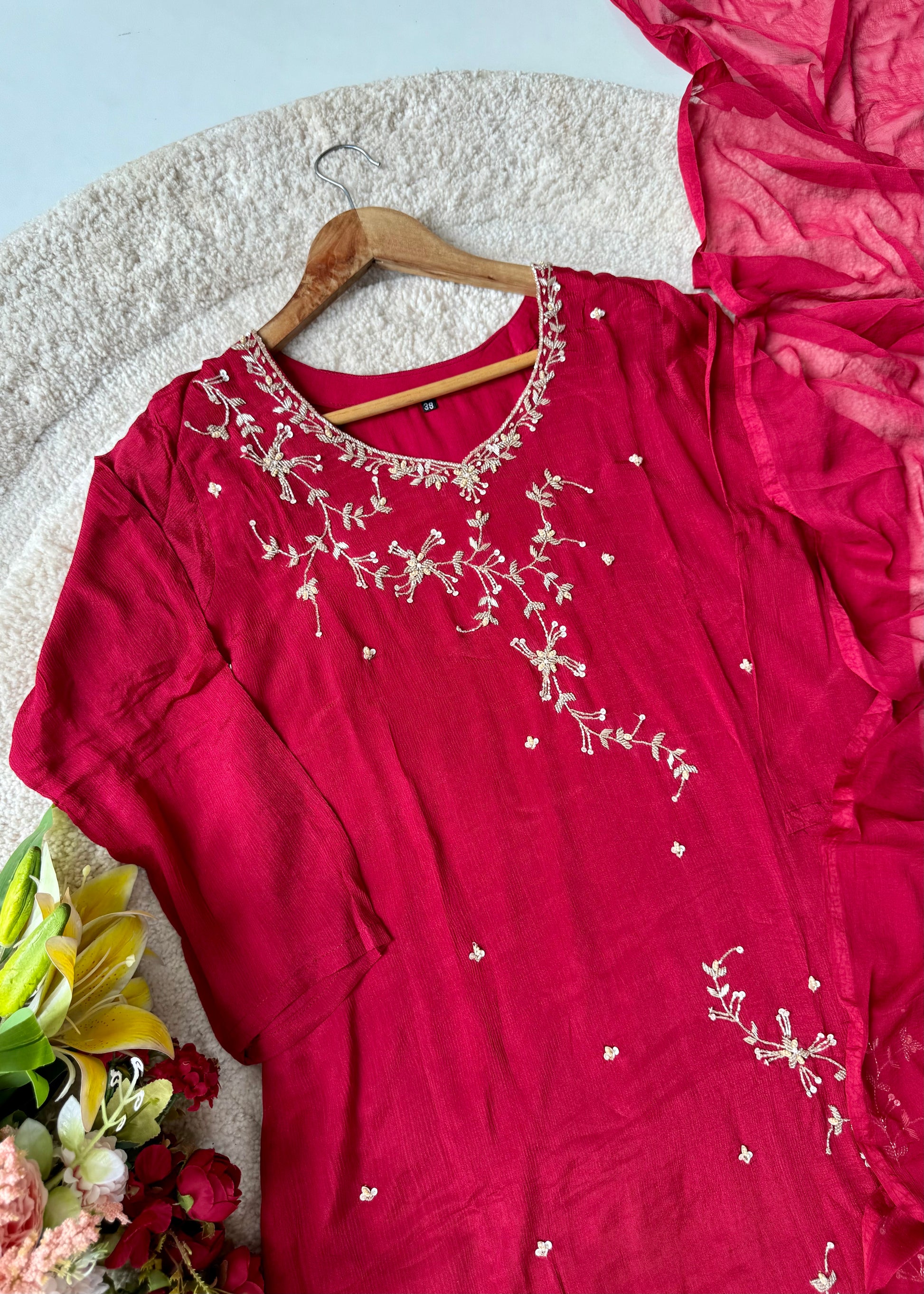 “Alya” Chinnon Silk Heavy Handwork Kurta Palazzo Set with Dupatta
