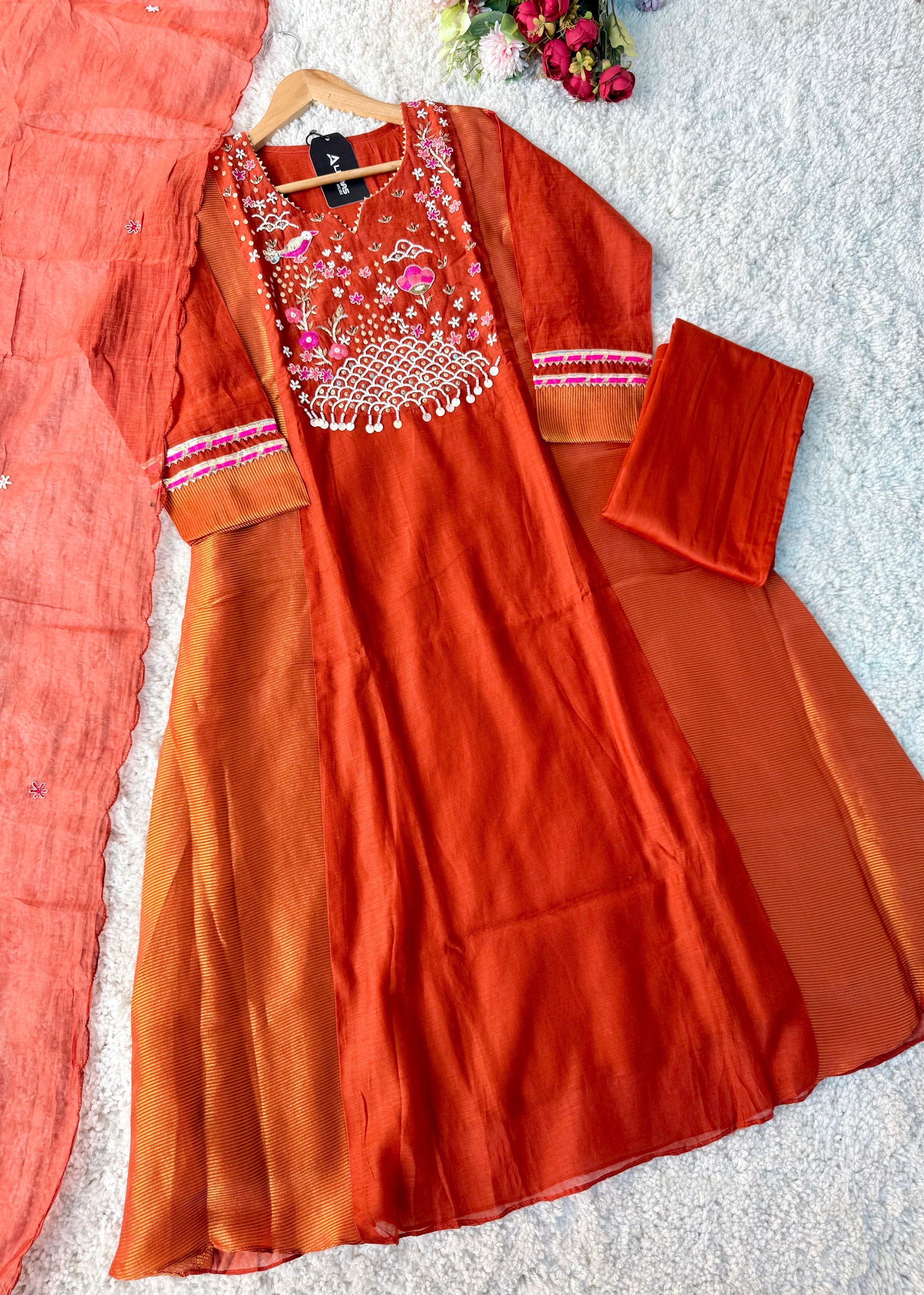 “Ishani” Premium Mul Chanderi A line Anarkali Kurta Set