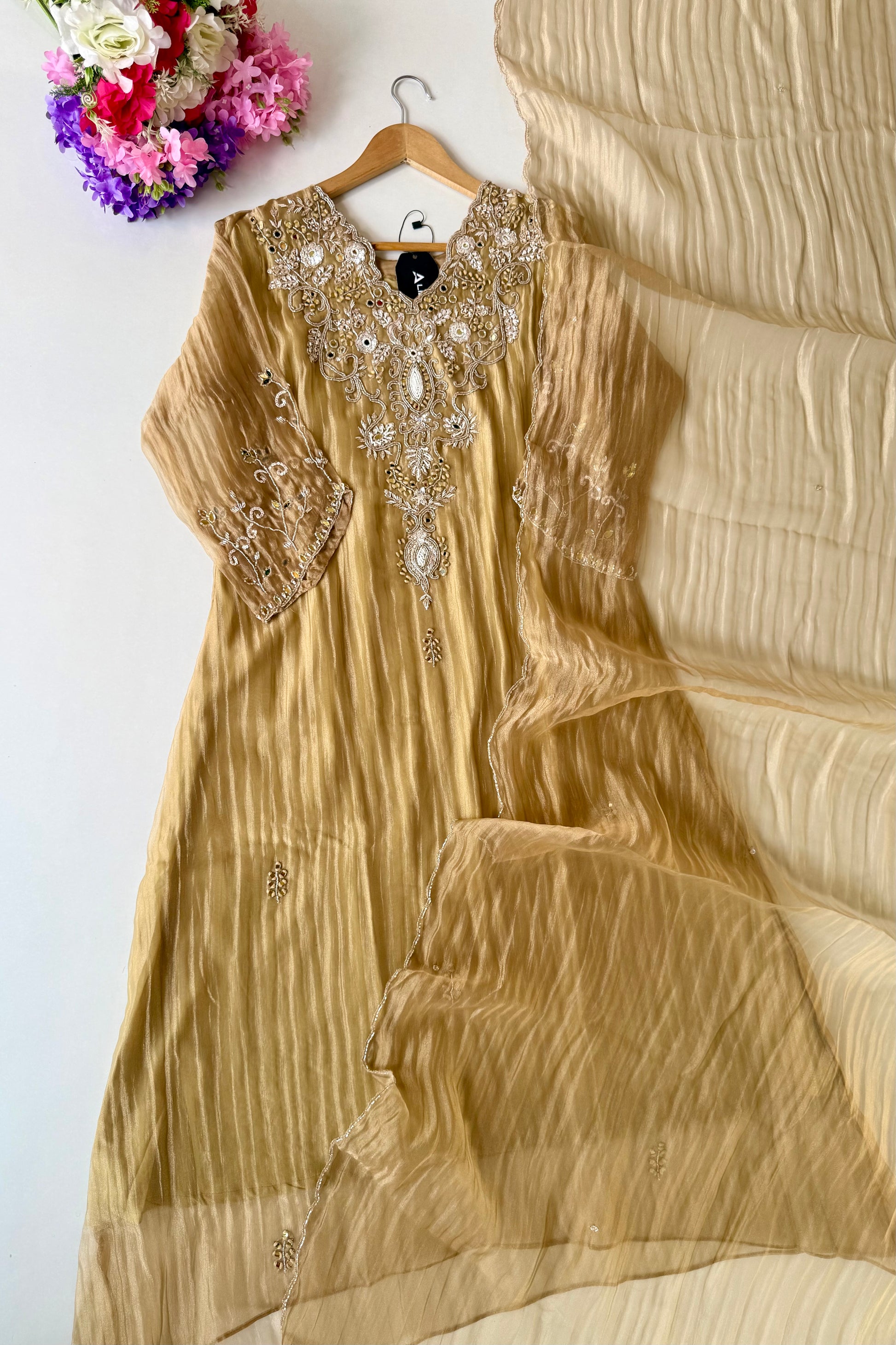 ✨Abeer Gold – Designer Gold Glass Tissue Kurta Set