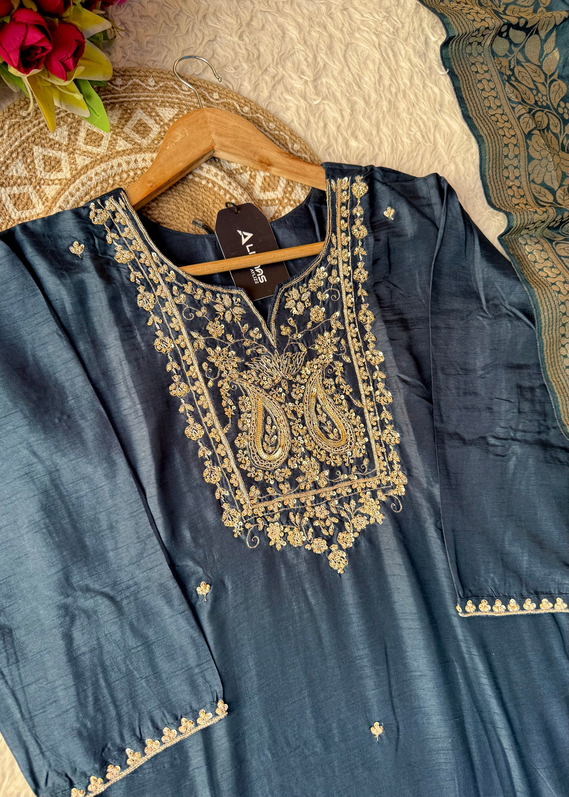 “Fiza” Indian wear dola silk kurti bottom dupatta set