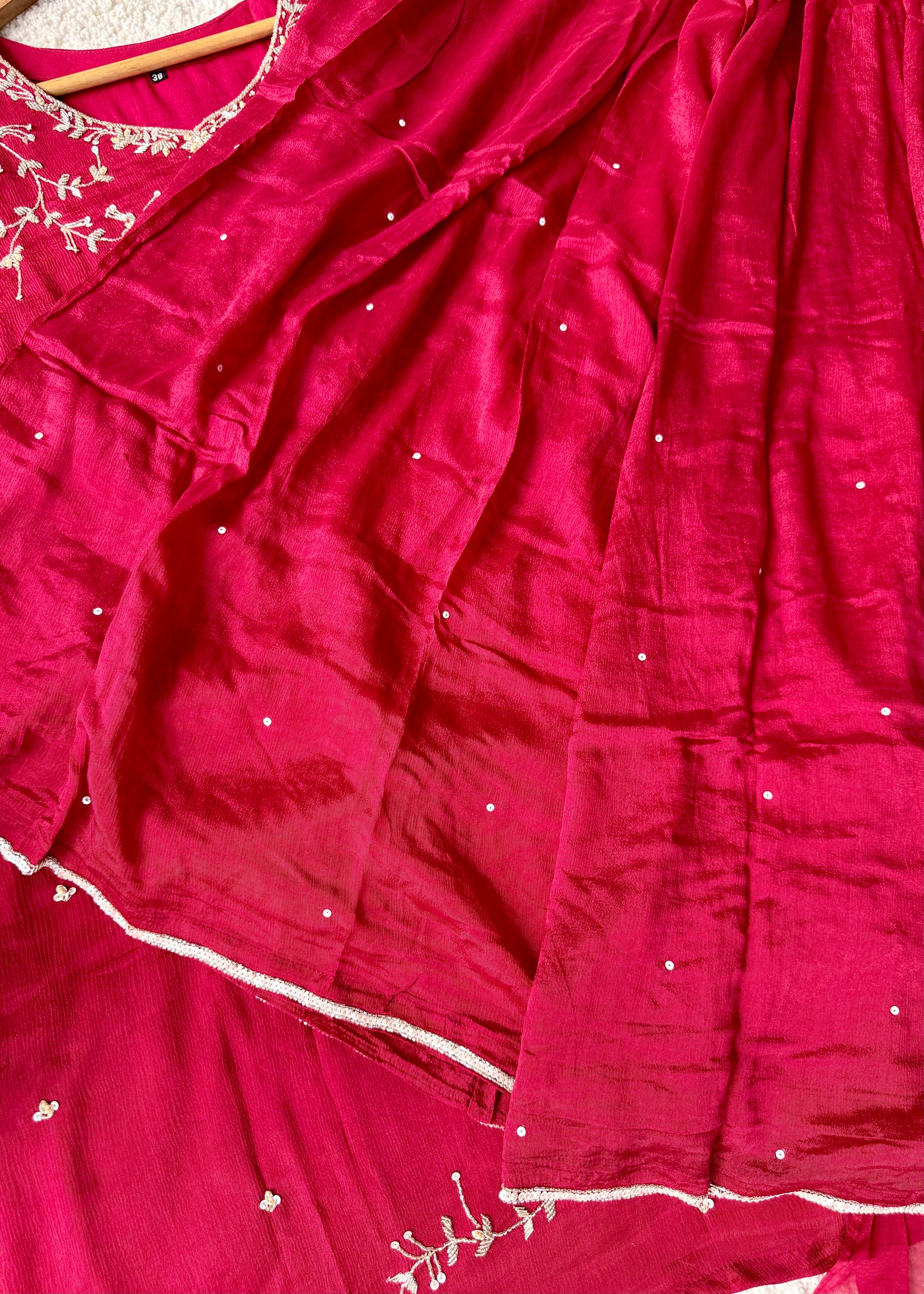 “Alya” Chinnon Silk Heavy Handwork Kurta Palazzo Set with Dupatta