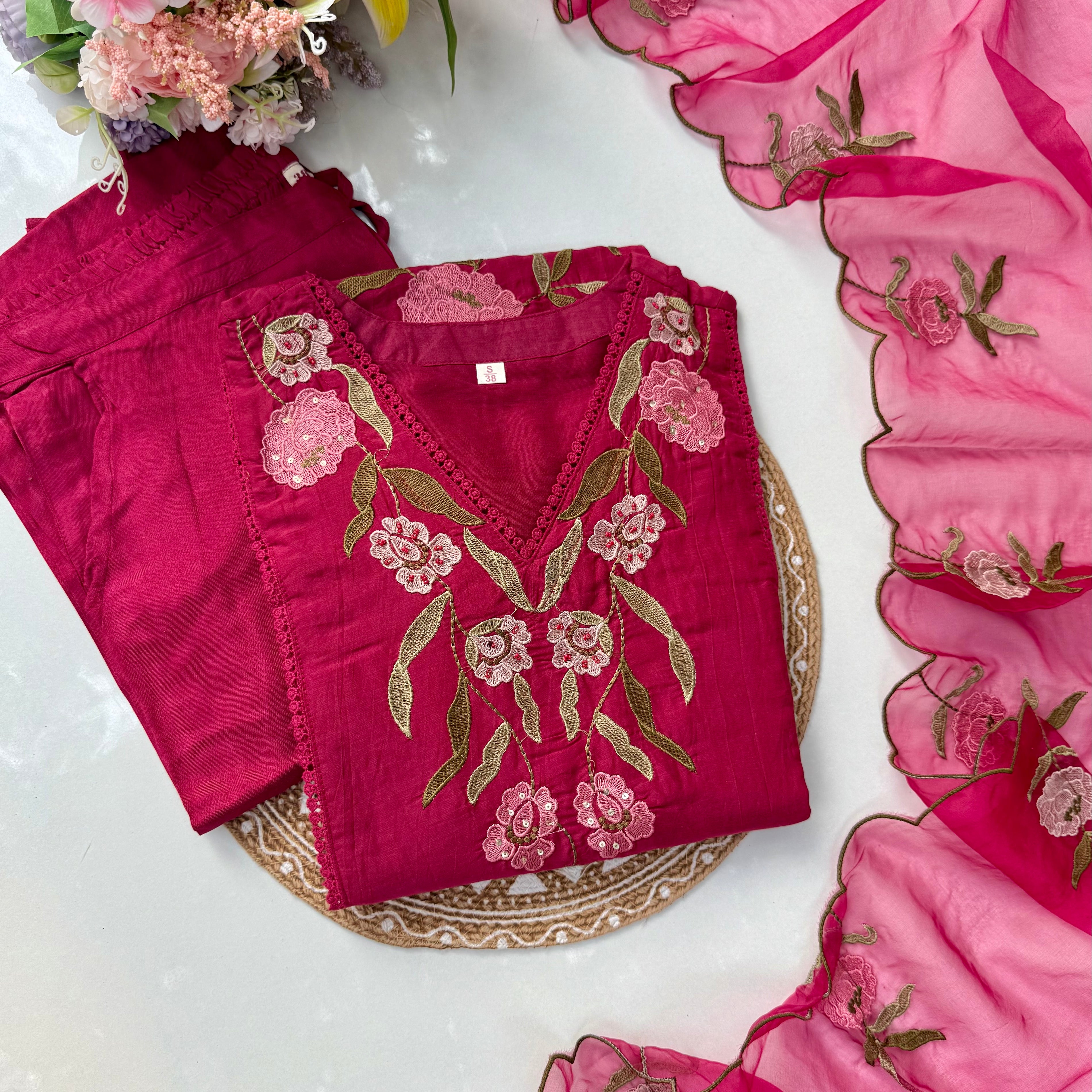 “ROSE” Premium embroidered Mul chanderi anarkali suit set