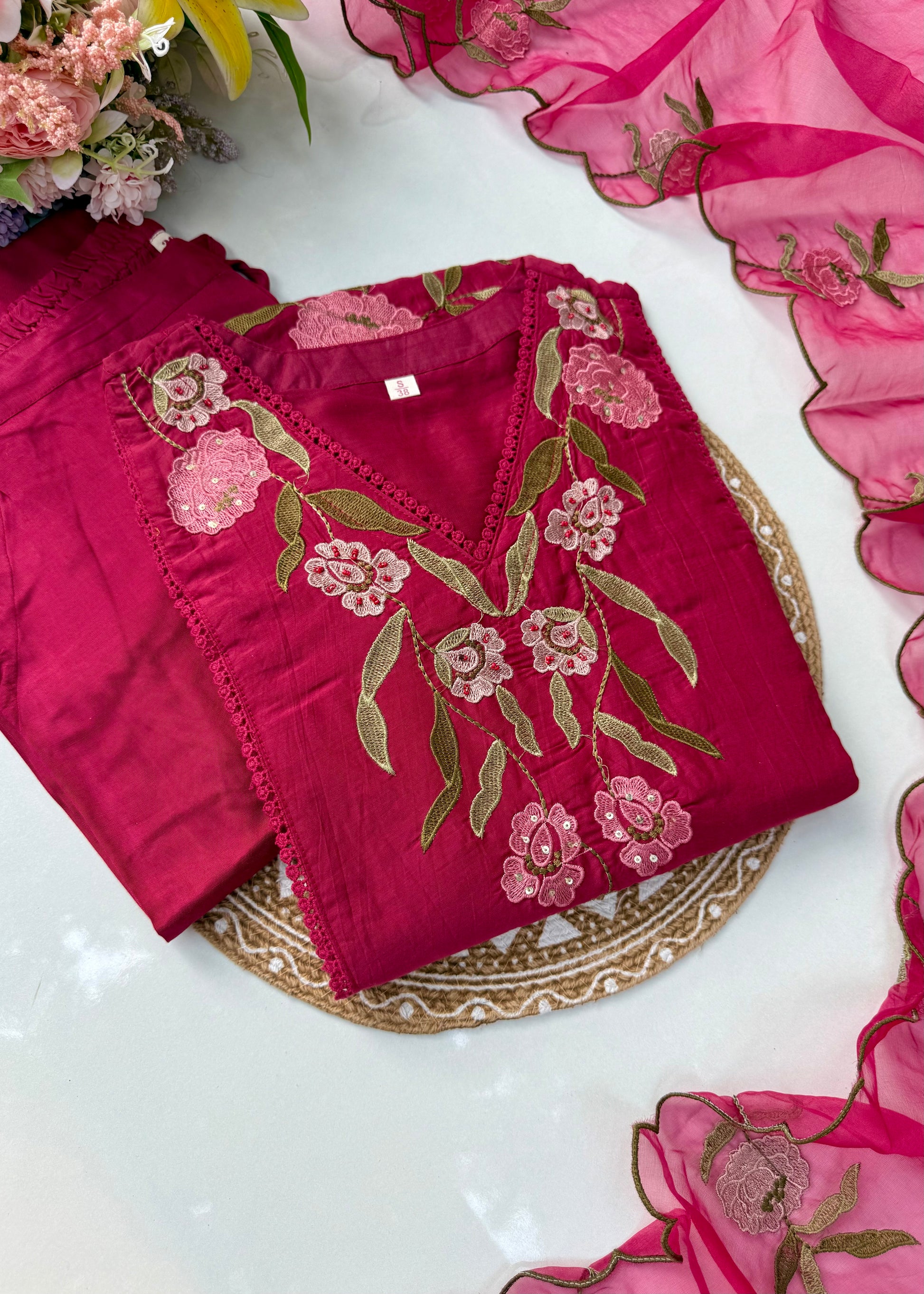 “ROSE” Premium embroidered Mul chanderi anarkali suit set