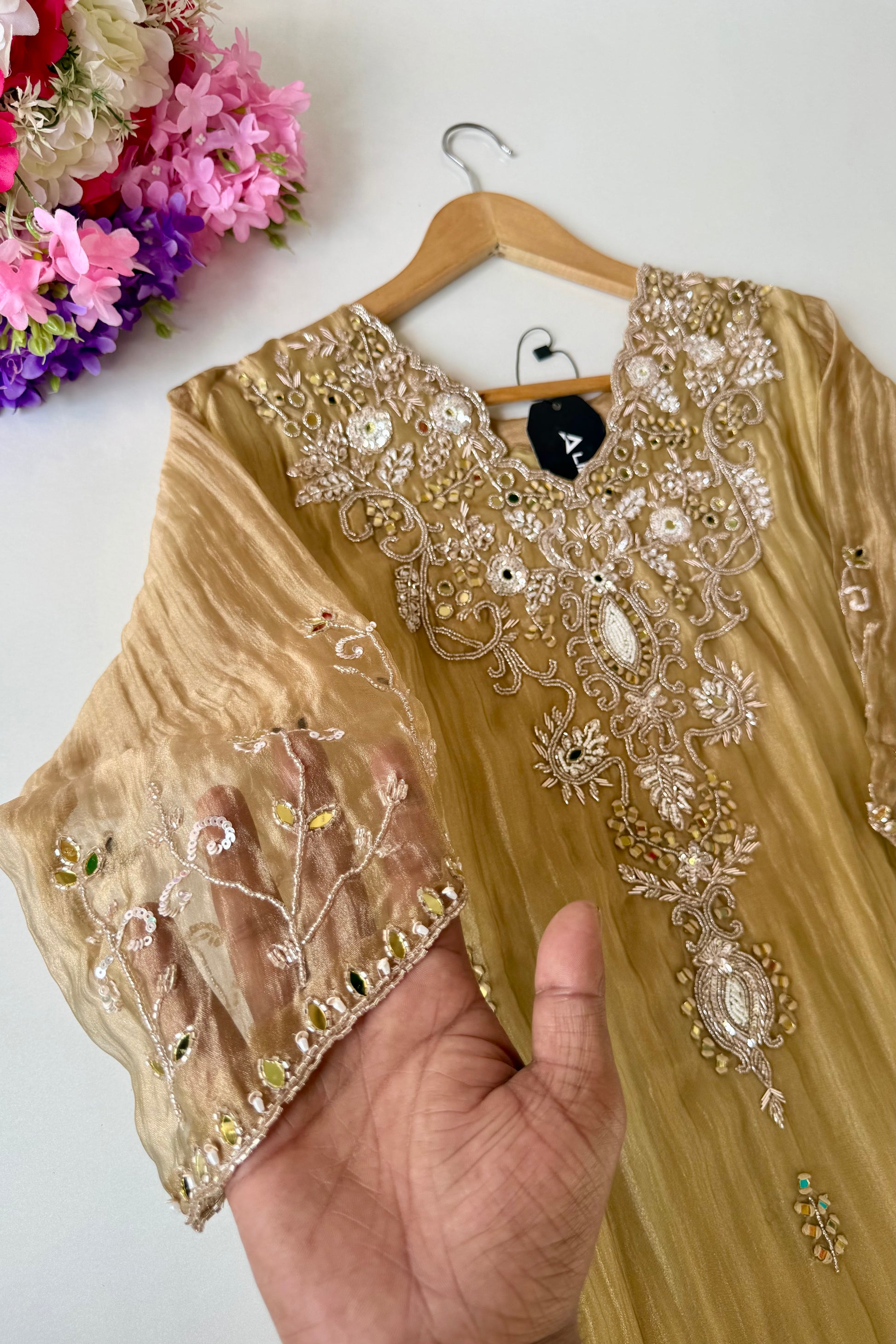 ✨Abeer Gold – Designer Gold Glass Tissue Kurta Set