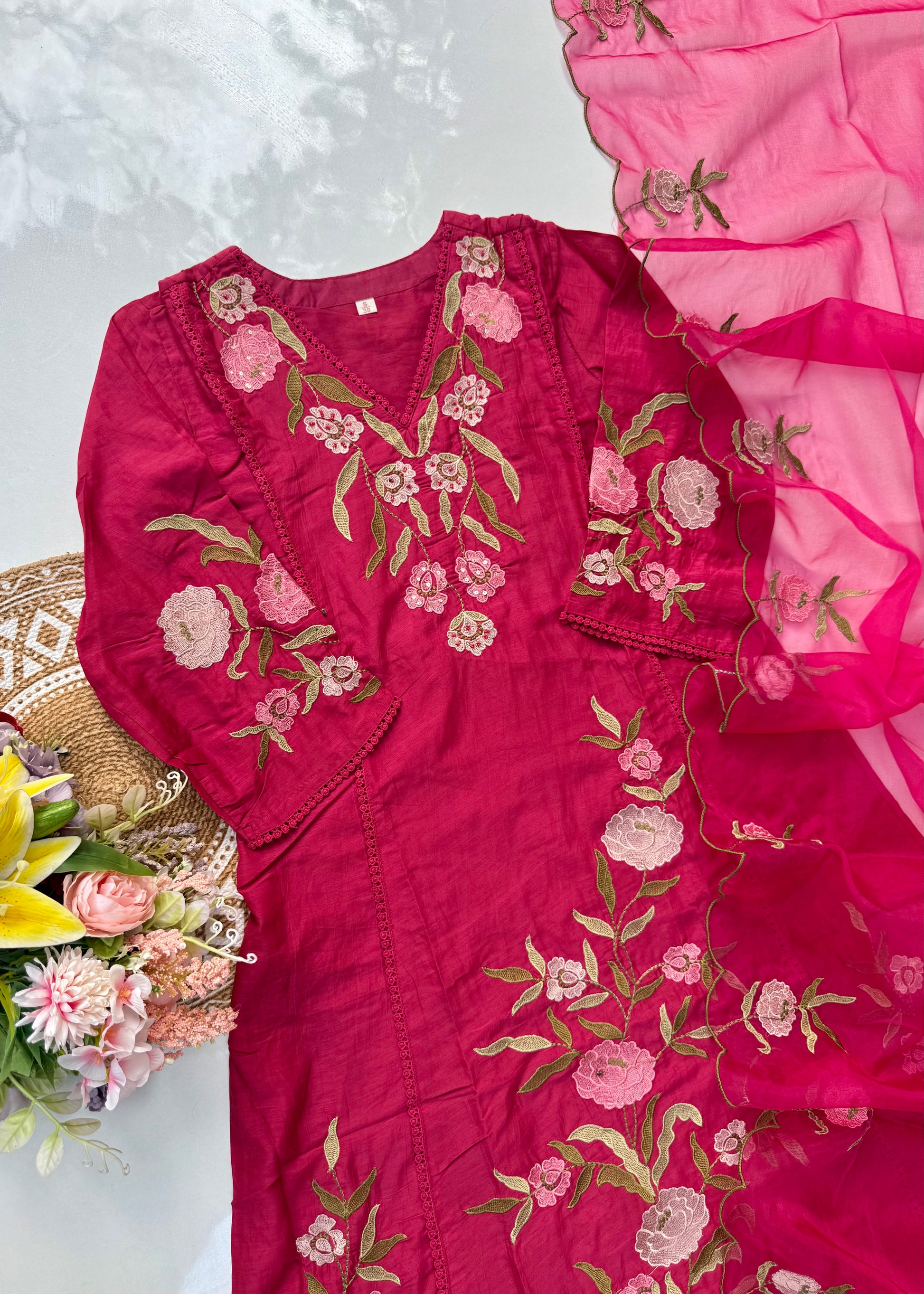 “ROSE” Premium embroidered Mul chanderi anarkali suit set