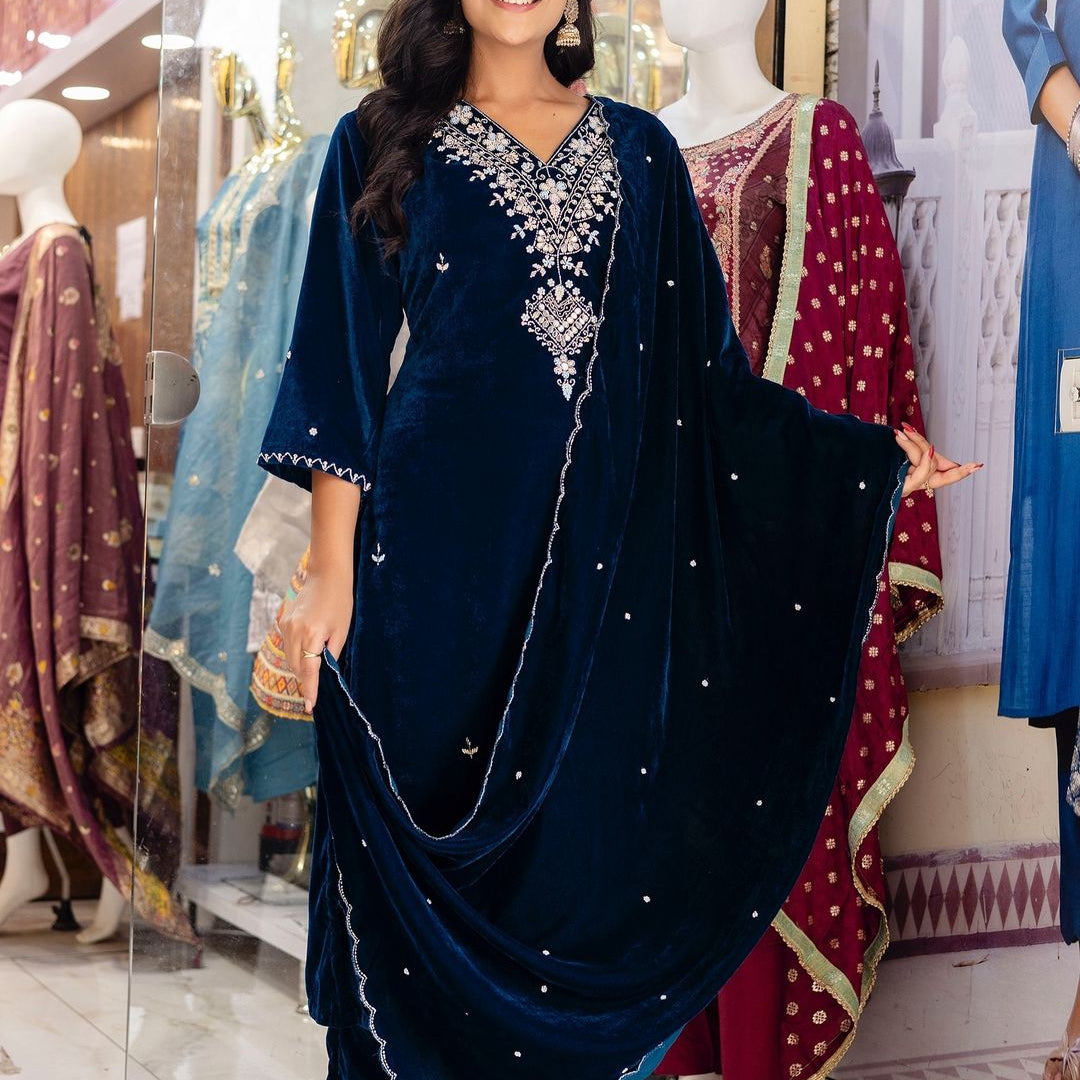 “Kiara” Peacock blue heavy velvet suit set