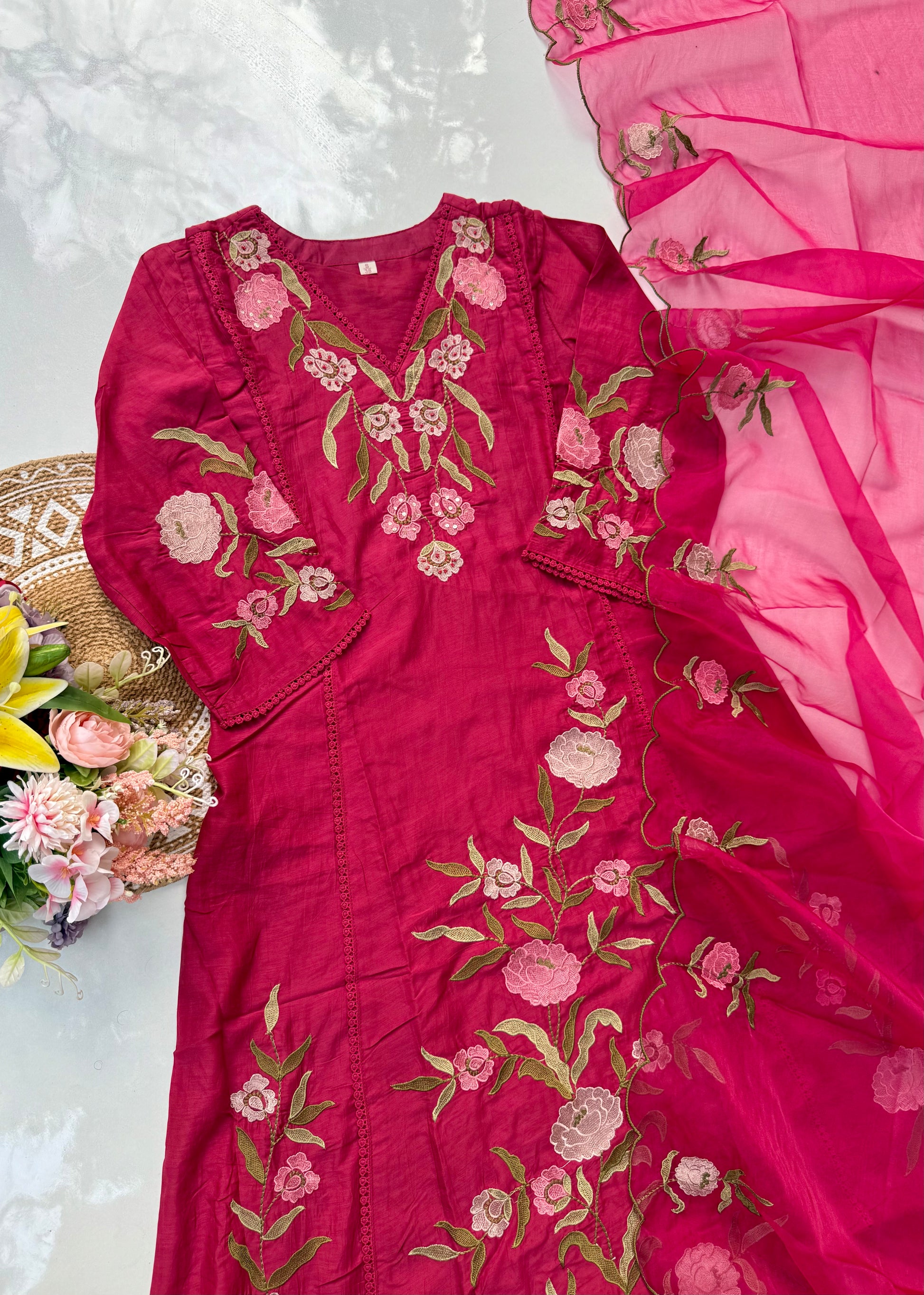 “ROSE” Premium embroidered Mul chanderi anarkali suit set