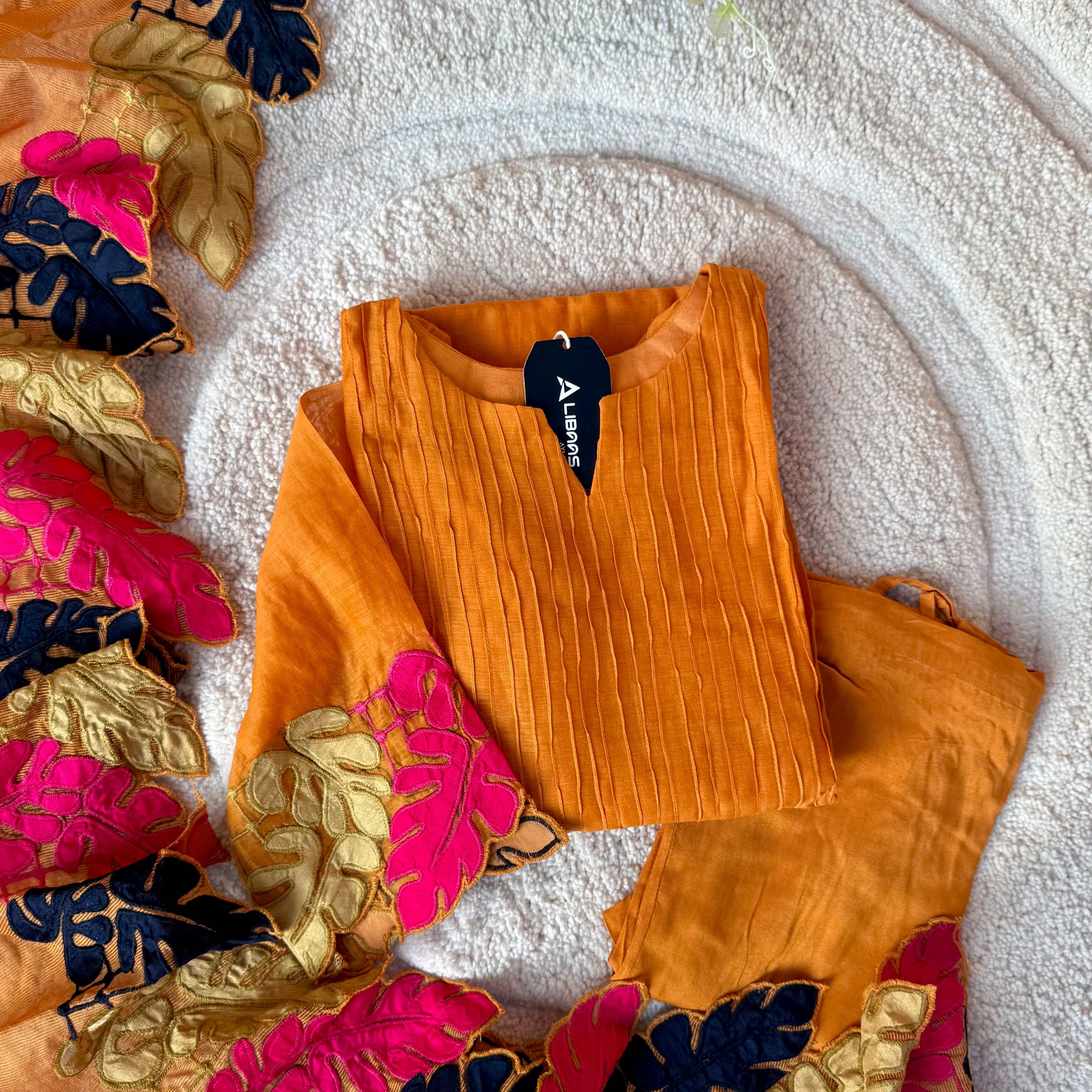 “Kashish” Golden Mustard Mul Chanderi Multicolor Leaf Applique A Line Suit 🛍️