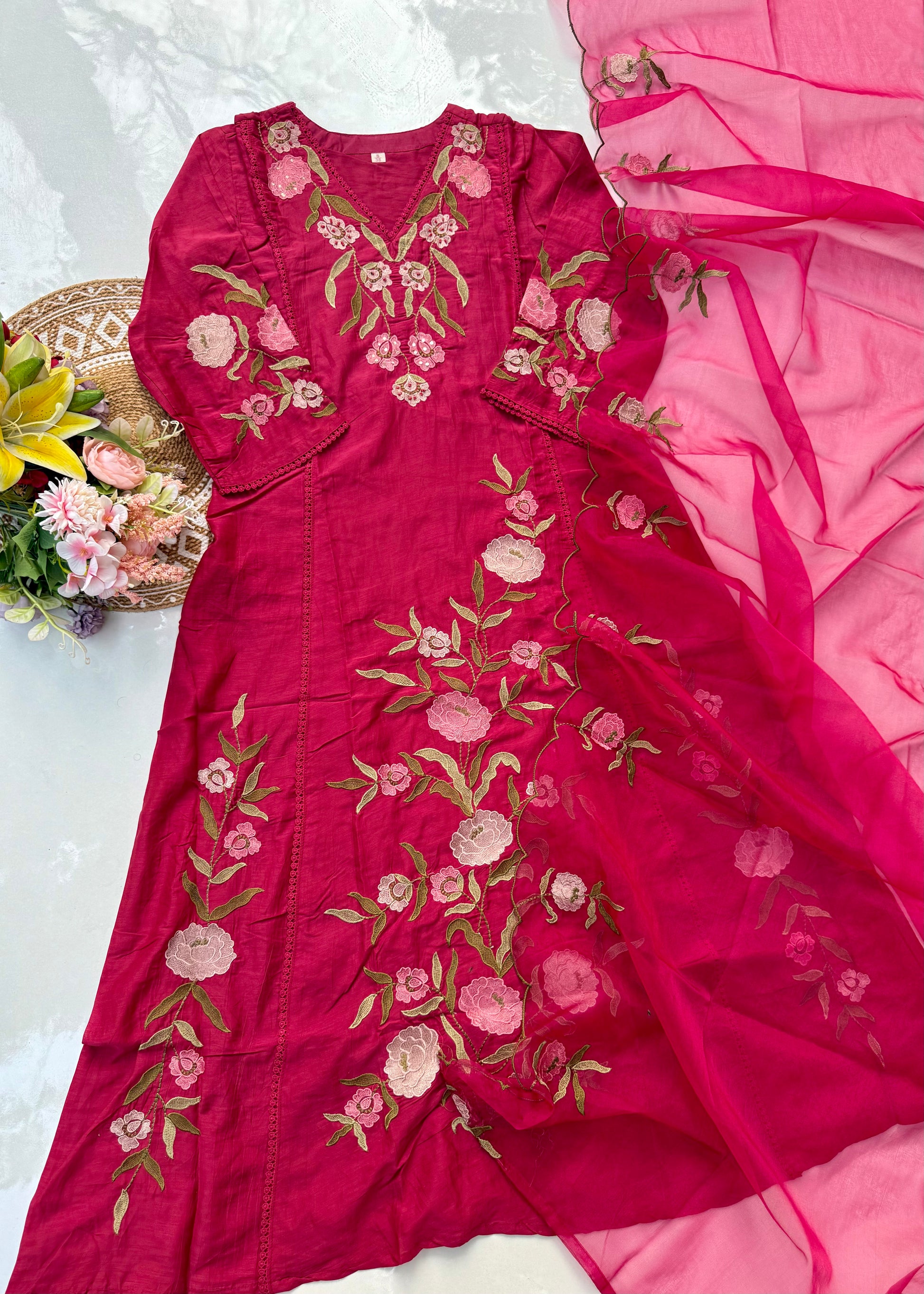 “ROSE” Premium embroidered Mul chanderi anarkali suit set