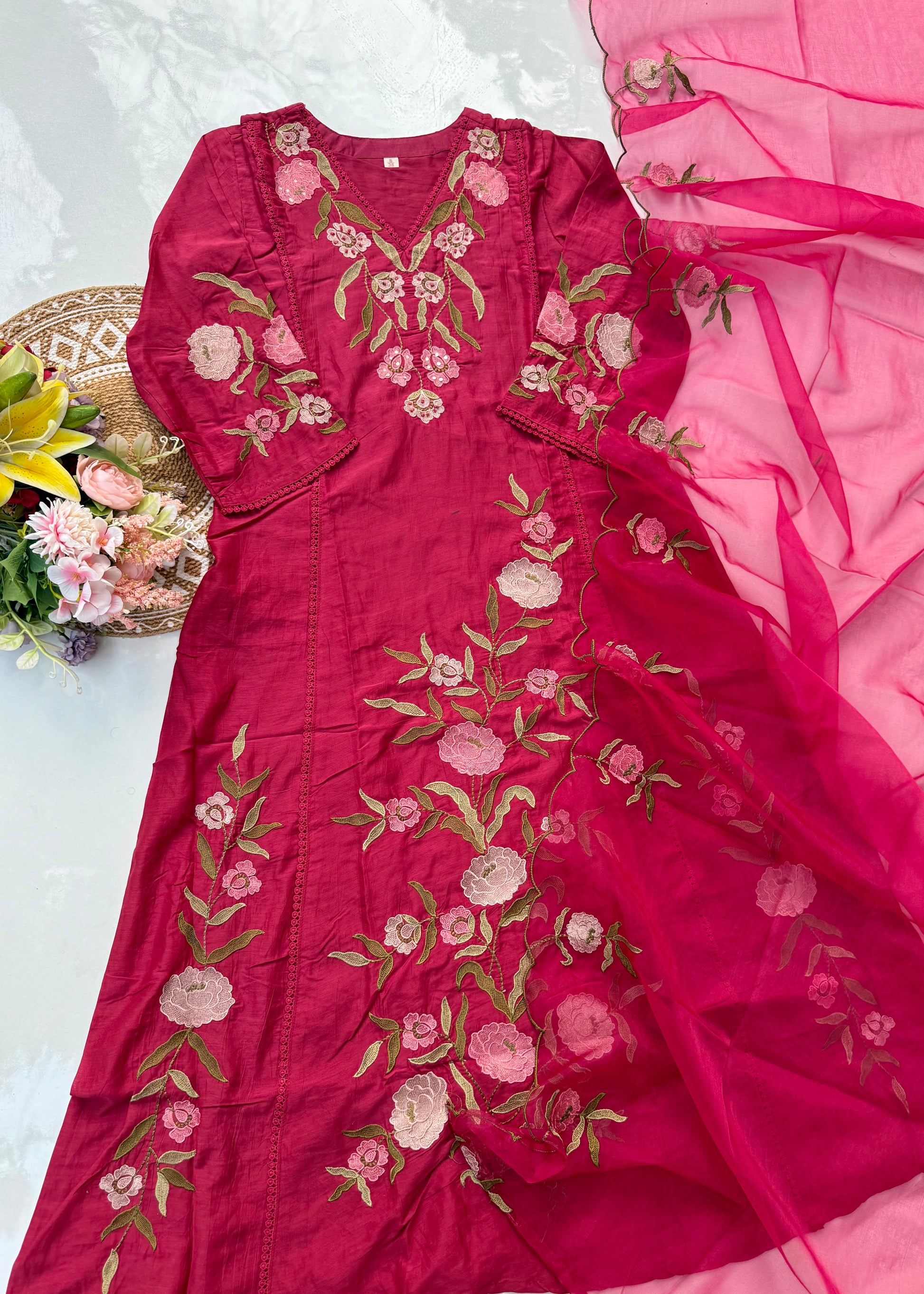 “ROSE” Premium embroidered Mul chanderi anarkali suit set