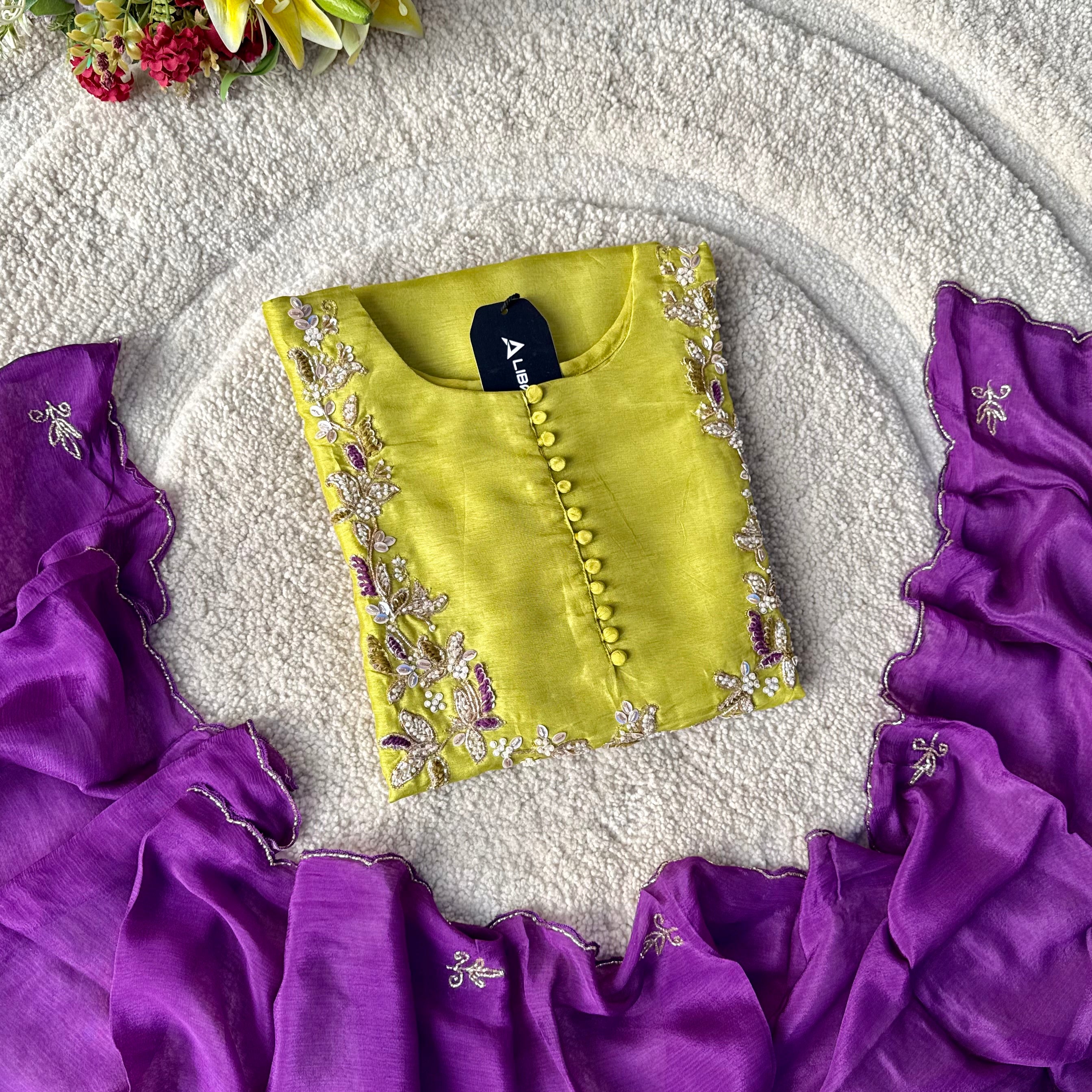 “Aisha” Lime Purple Elegance Dola Silk Kurta Set