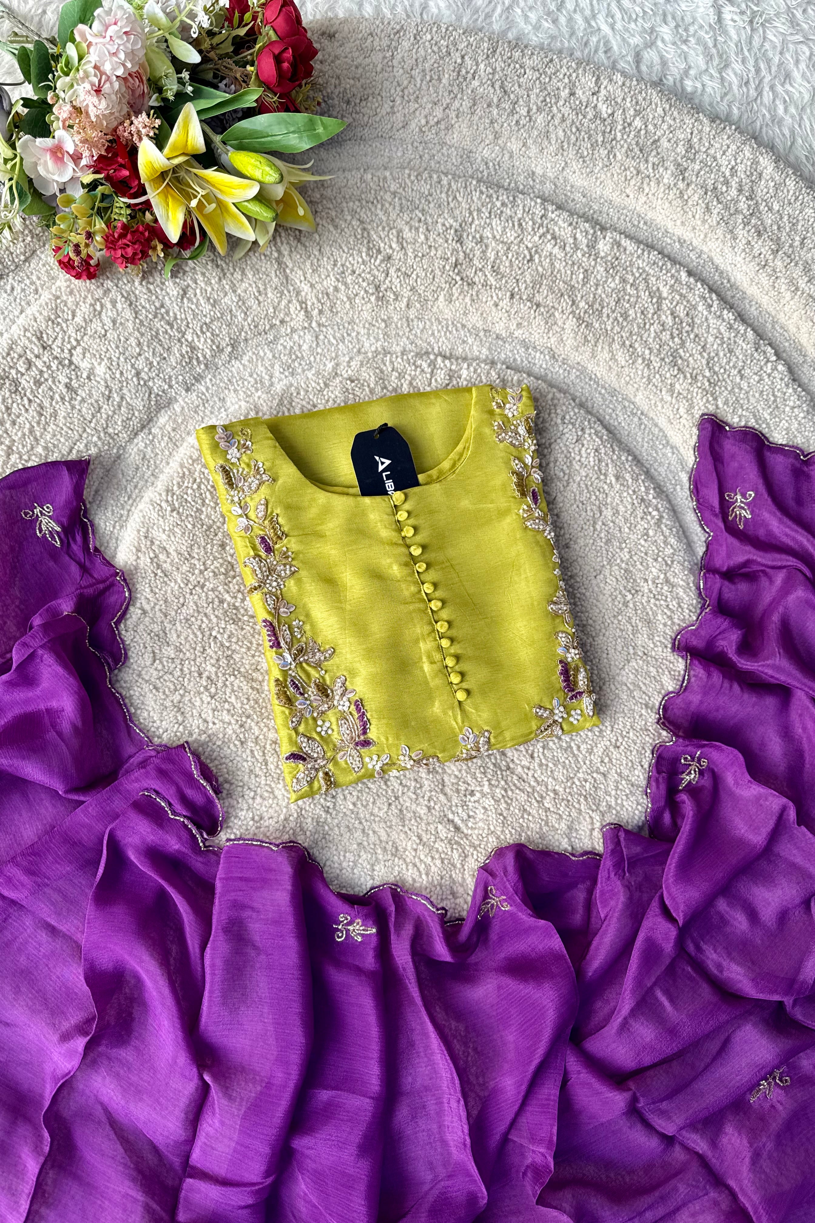 “Aisha” Lime Purple Elegance Dola Silk Kurta Set