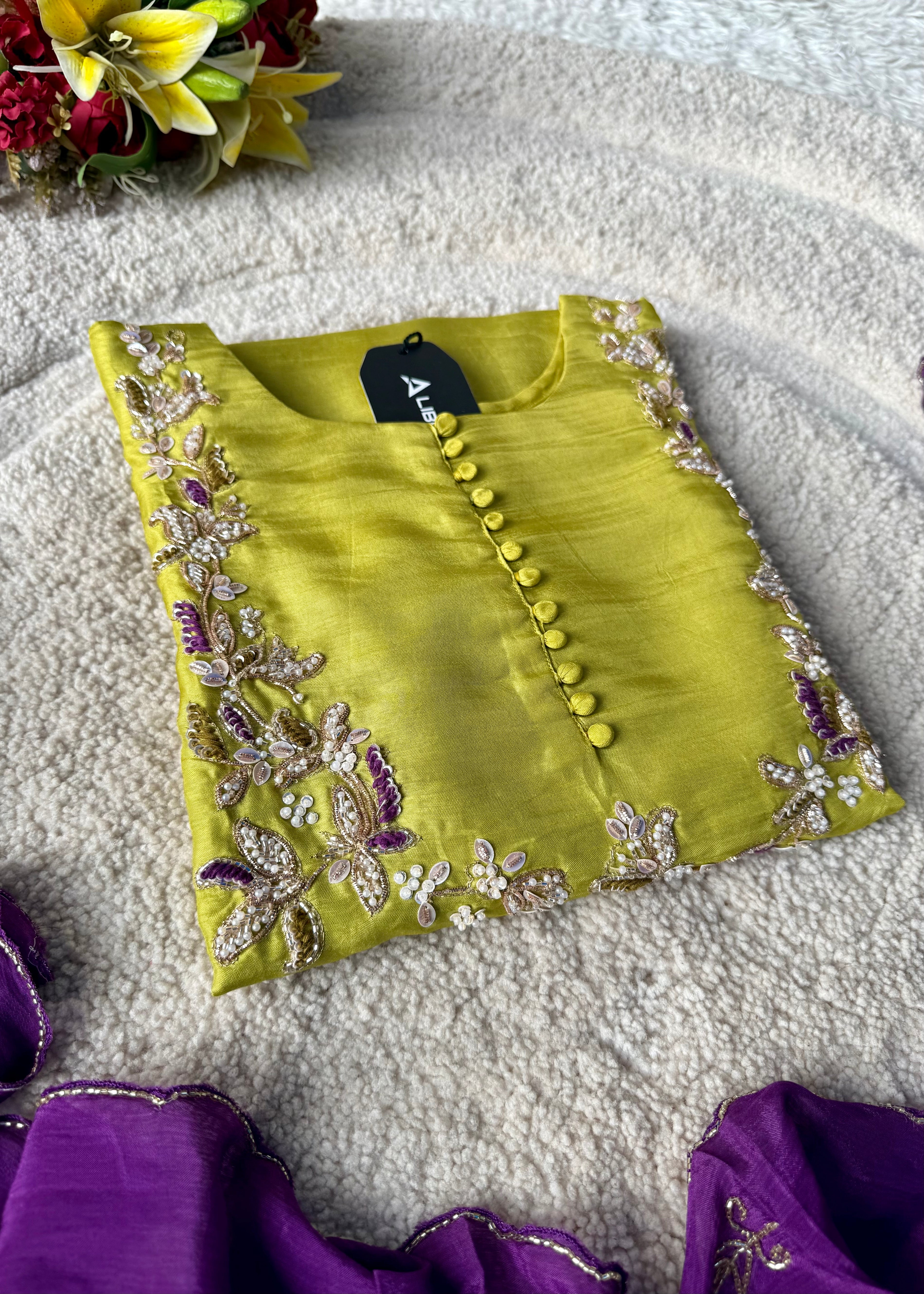 “Aisha” Lime Purple Elegance Dola Silk Kurta Set