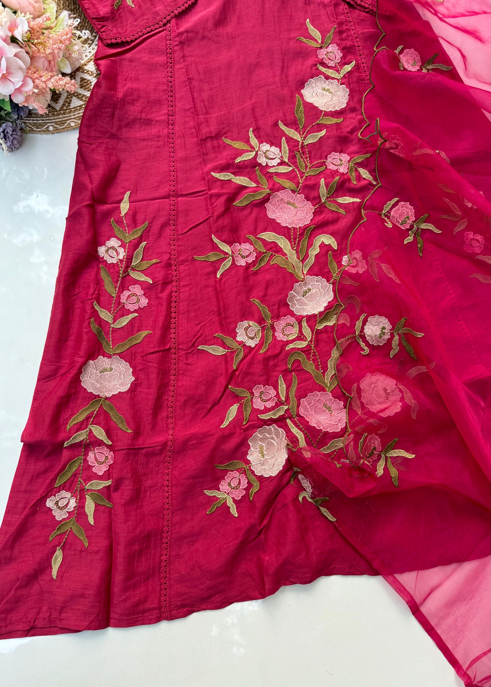 “ROSE” Premium embroidered Mul chanderi anarkali suit set