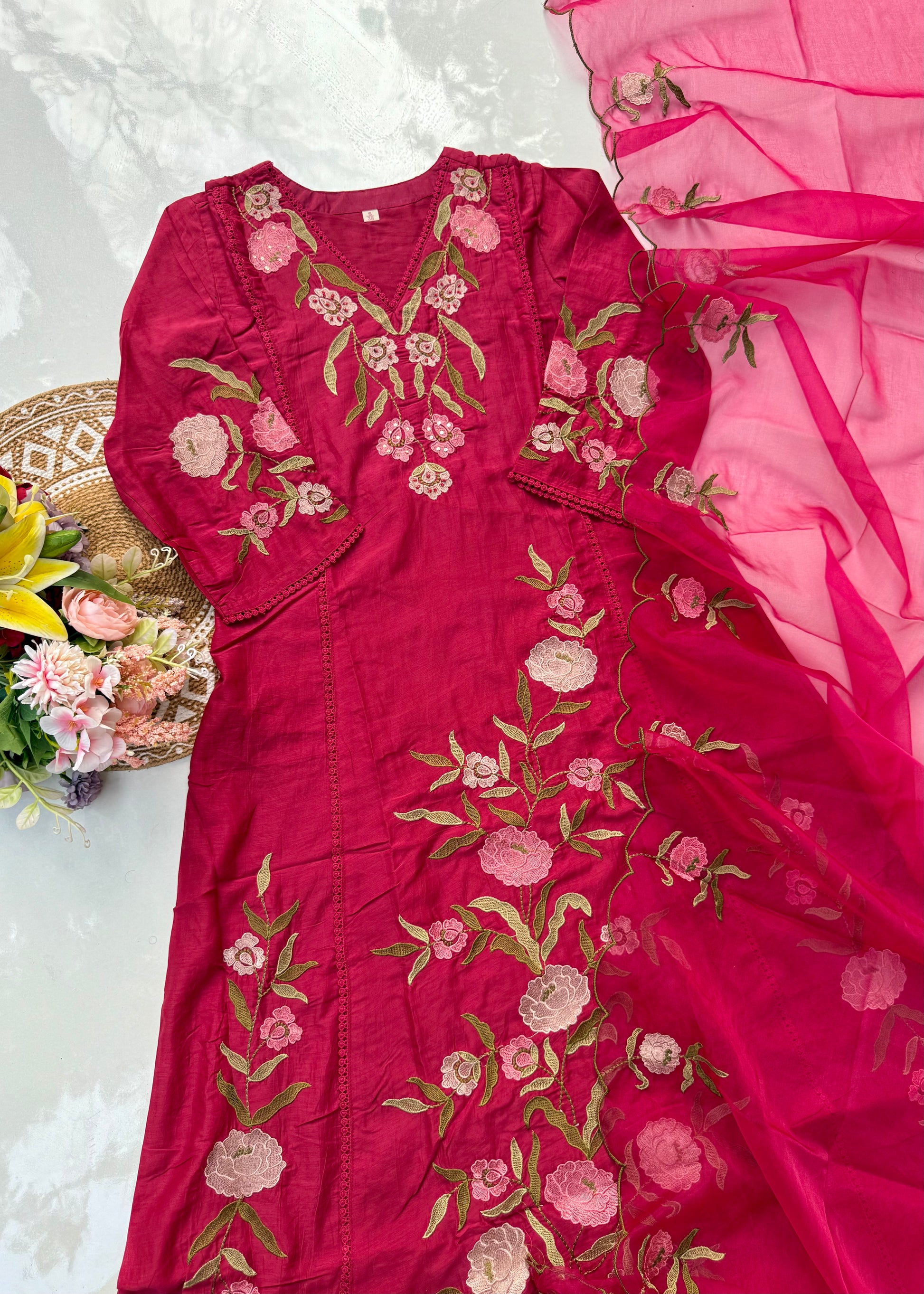 “ROSE” Premium embroidered Mul chanderi anarkali suit set