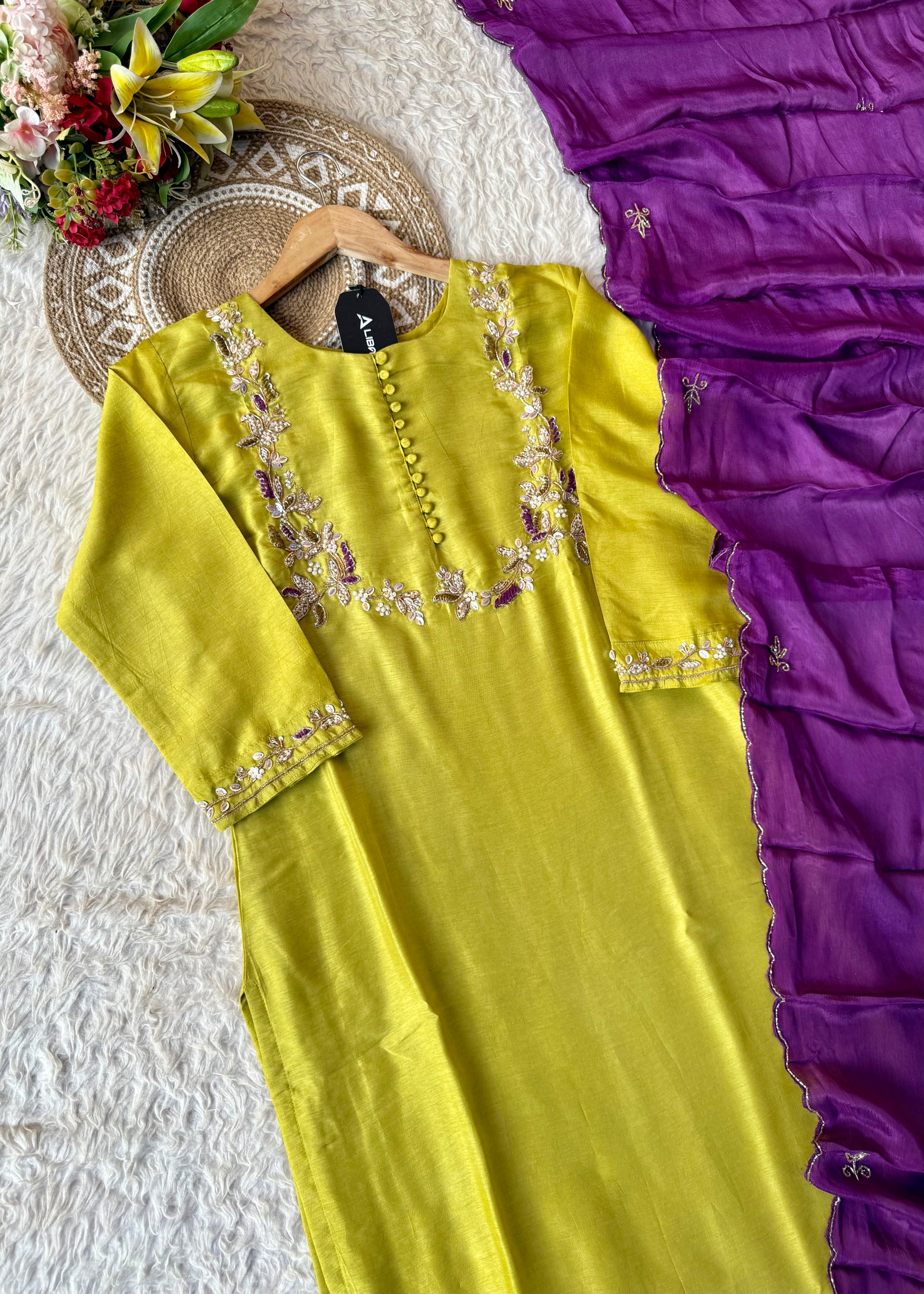 “Aisha” Lime Purple Elegance Dola Silk Kurta Set