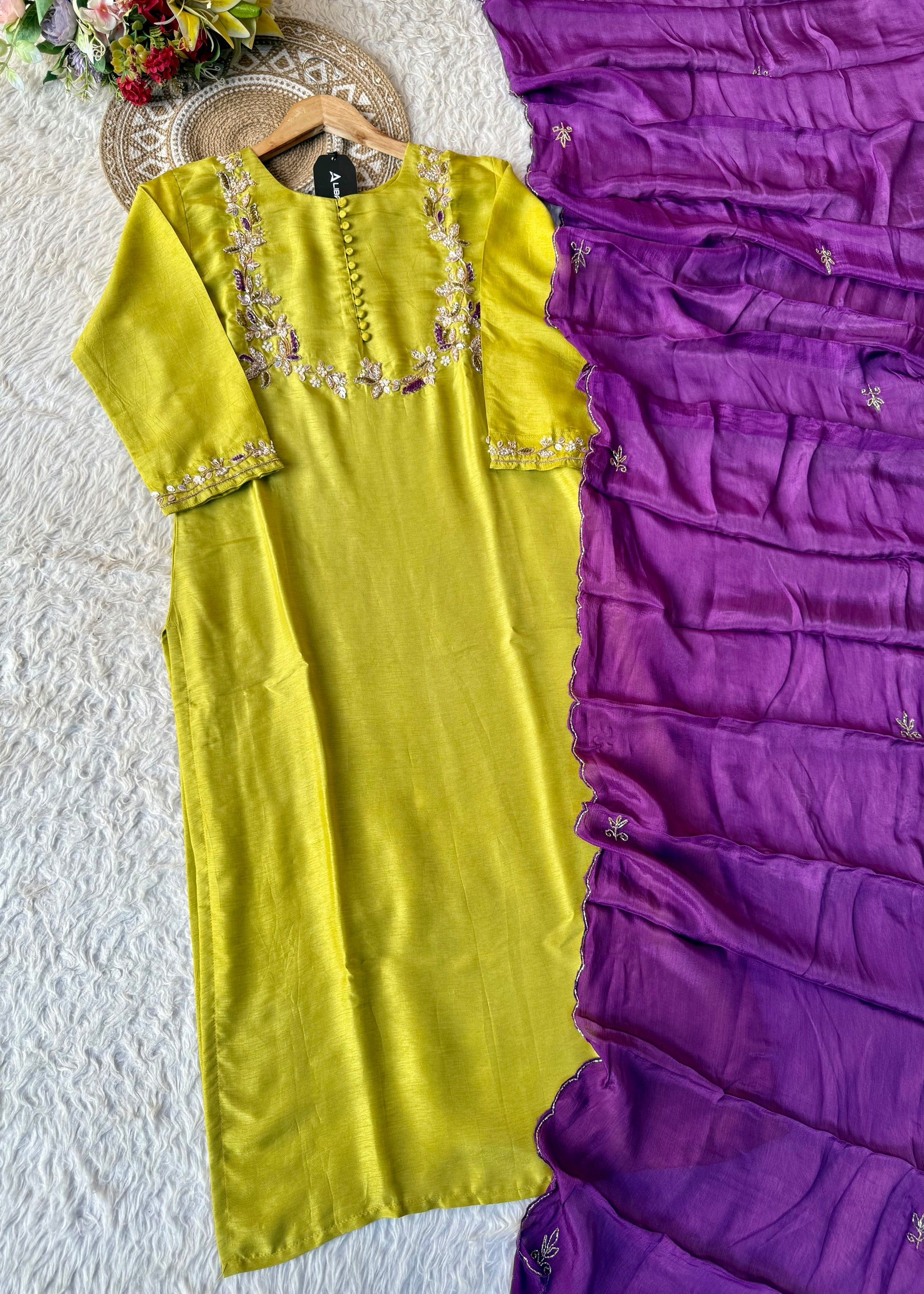 “Aisha” Lime Purple Elegance Dola Silk Kurta Set